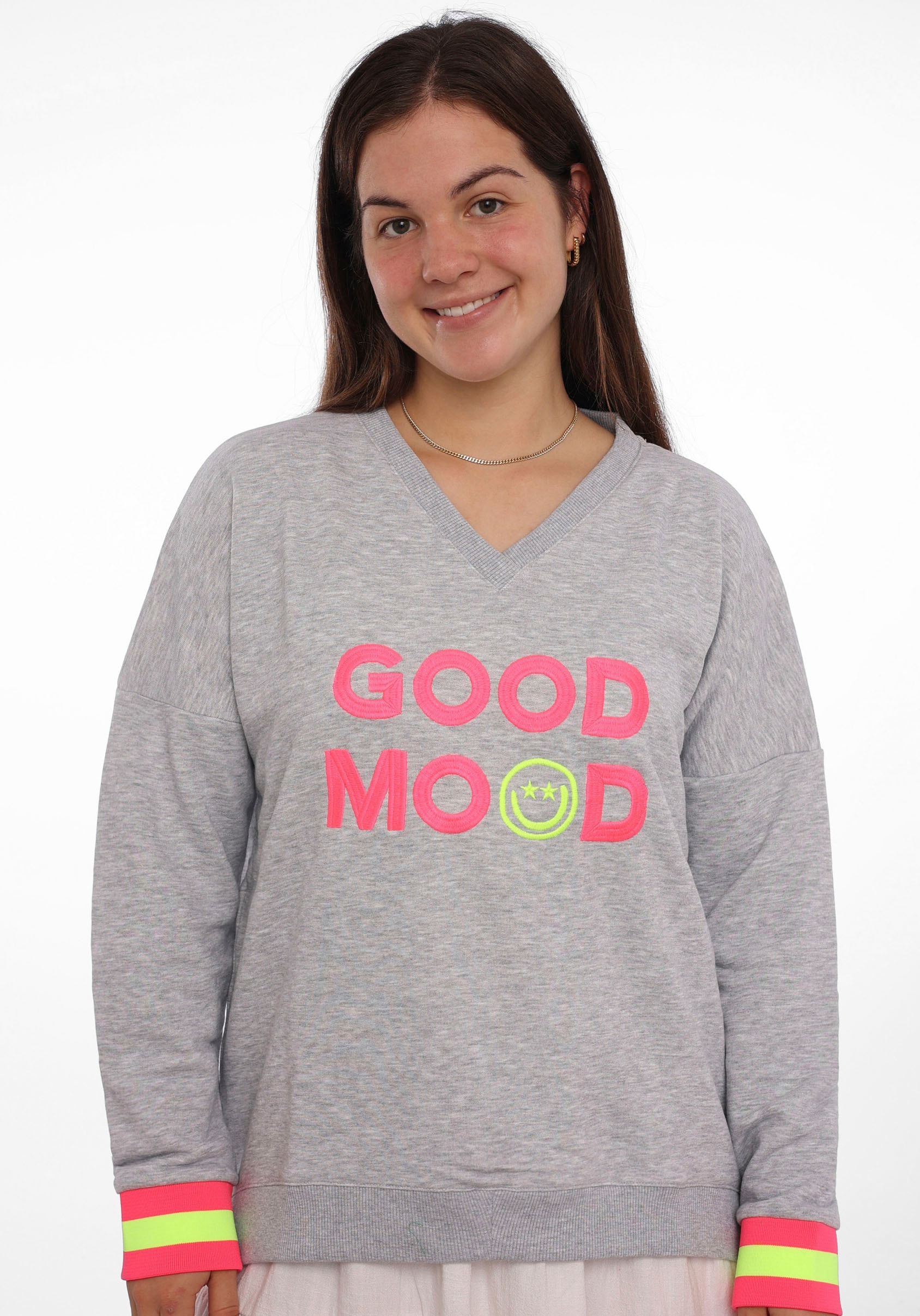 Zwillingsherz Sweatshirt, Langarm, Neon-Details, V-Ausschnitt, Schriftzug günstig online kaufen