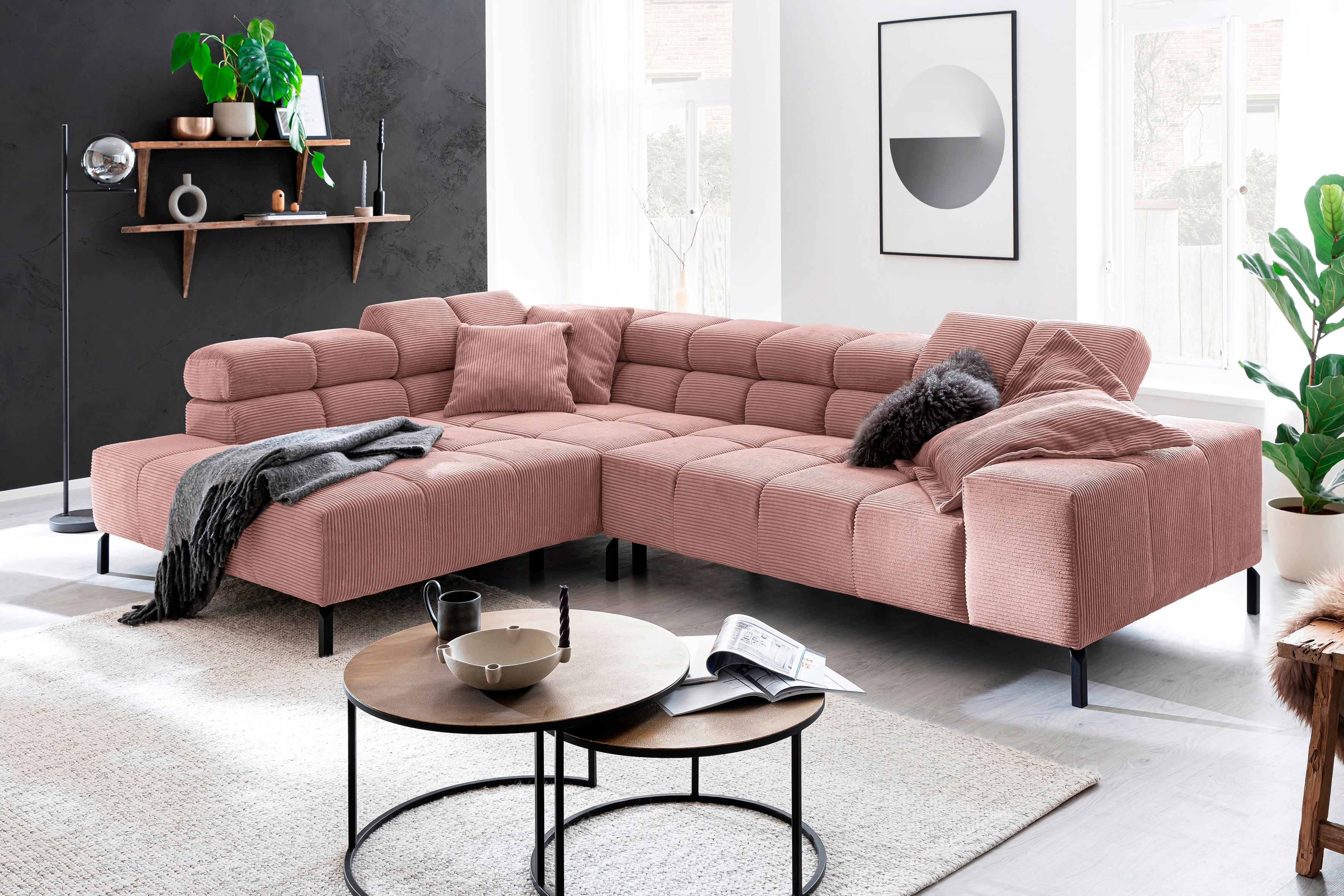 Home affaire Ecksofa "Ancona New, wahlweise motorische Sitztiefenverstellung, auch in Cord" feine Steppung, mit Kopfteilverstellung, 3 Zierkissen, L-Form