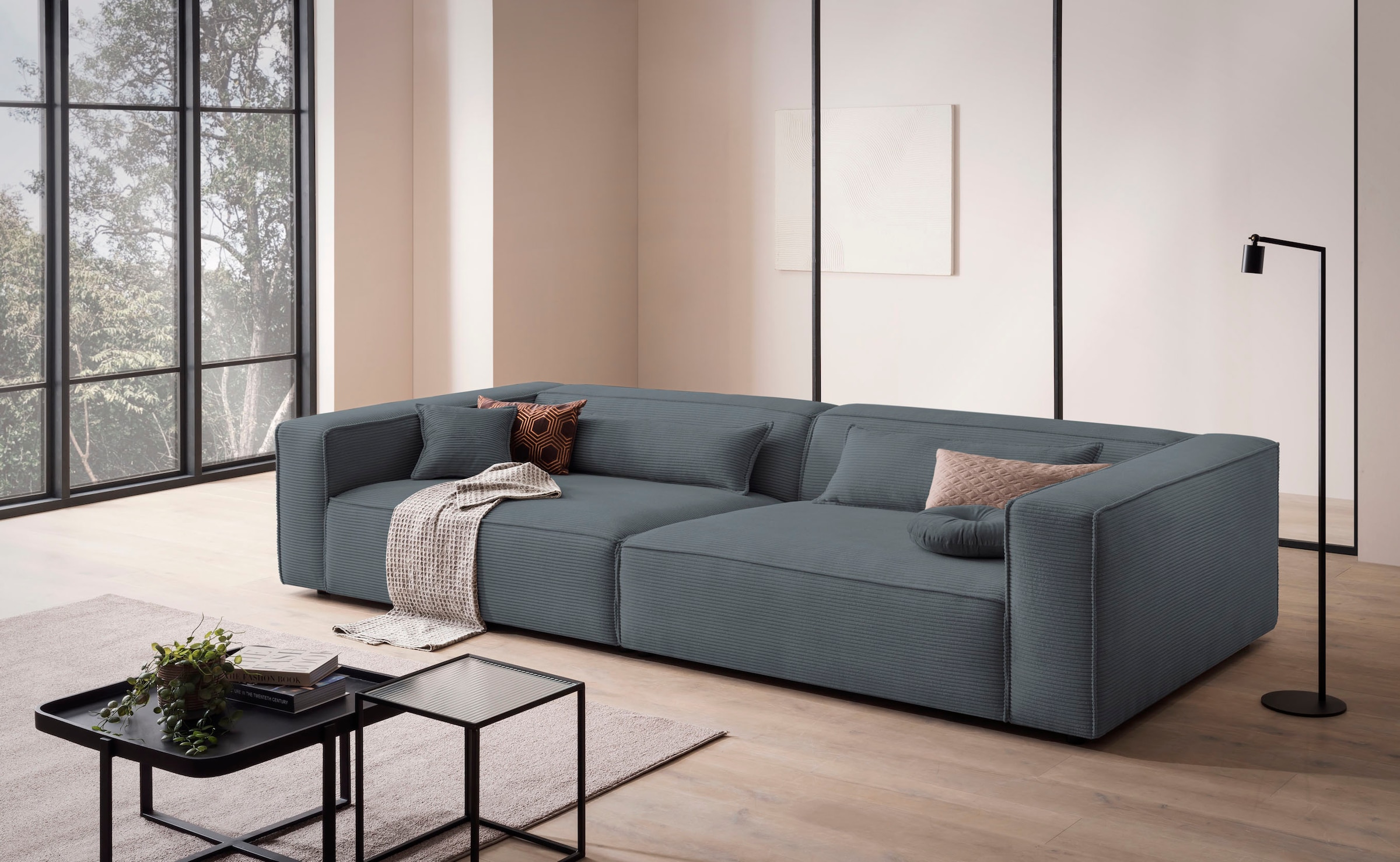 LeGer Home by Lena Gercke 3-Sitzer »PIARA, XXL Sofa mit Kedernaht, Big-Sofa in Cord oder Leinenoptik«, schwarze Füße, bequemer Sitzkomfort, extra tiefe Sitzfläche