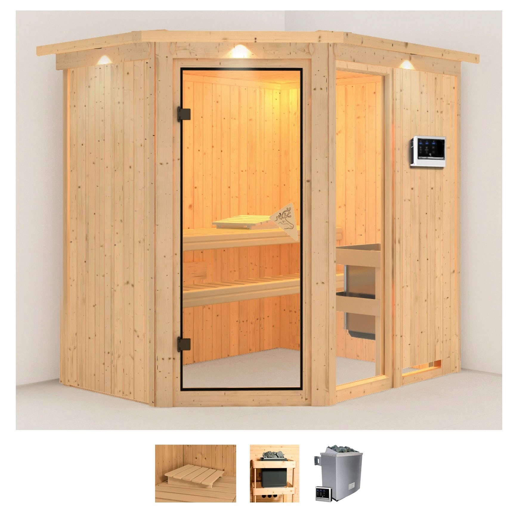 Karibu Sauna "Frigga 1" Set, Ofen 9 KW externe Strg easy