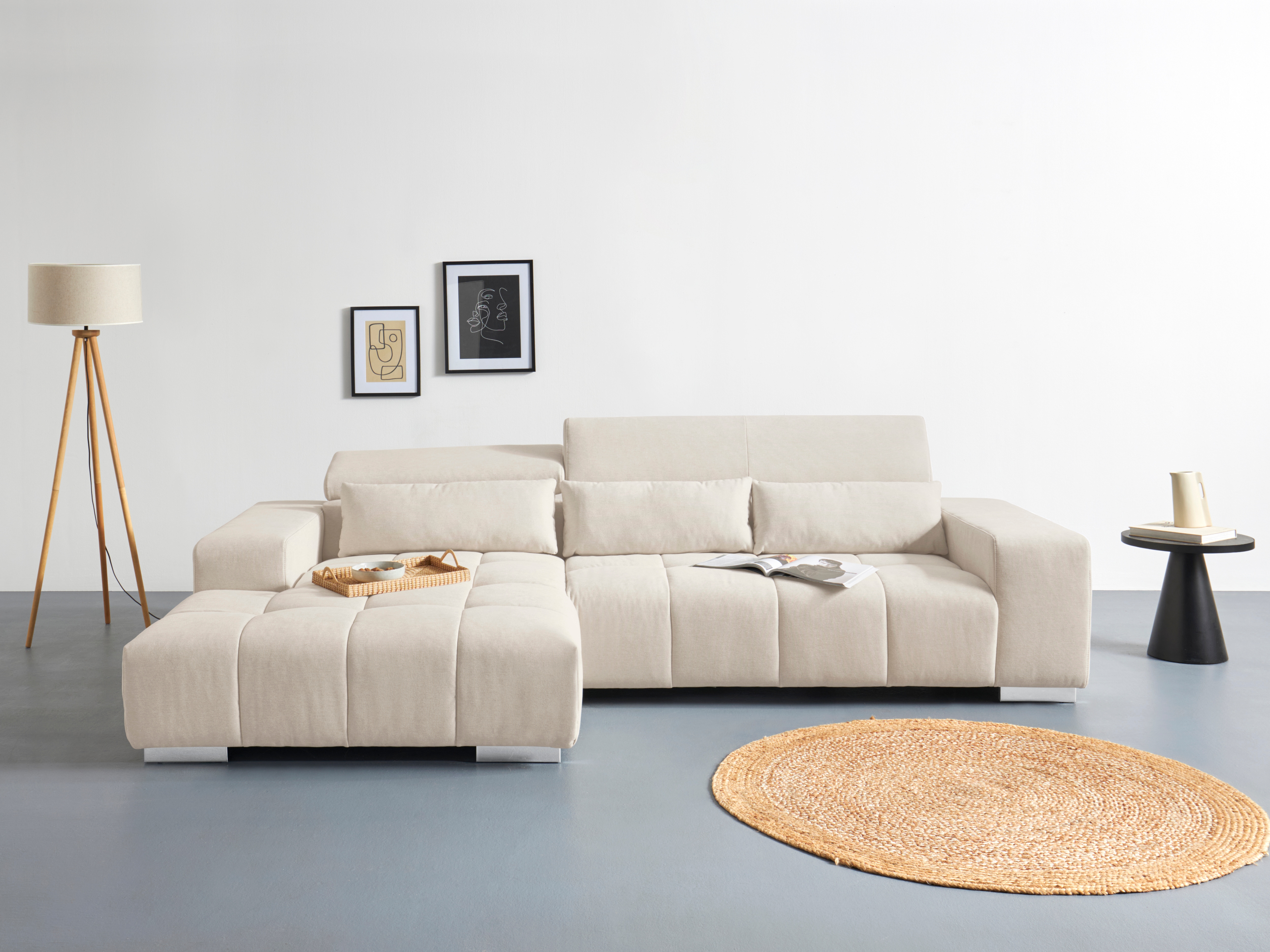 COTTA Ecksofa "Orion L-Form, B: 307 cm, moderne Steppung, bequeme Wellenunterfederung" 2x Kopfteilverstellung & 3 Nierenkissen
