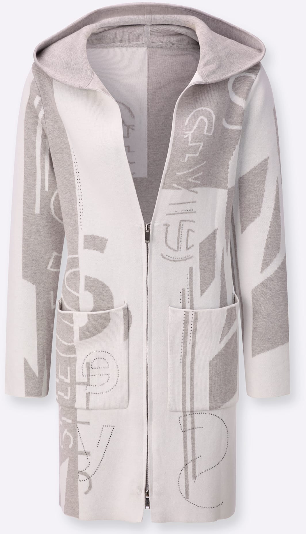 Longstrickjacke CREATION L, Damen, Gr. 48, ecru, hellgrau, gemustert, 45% Baumwolle, 45% Modal, 10% Polyamid, gemustert, Strickjacken Longstrickjacke 3