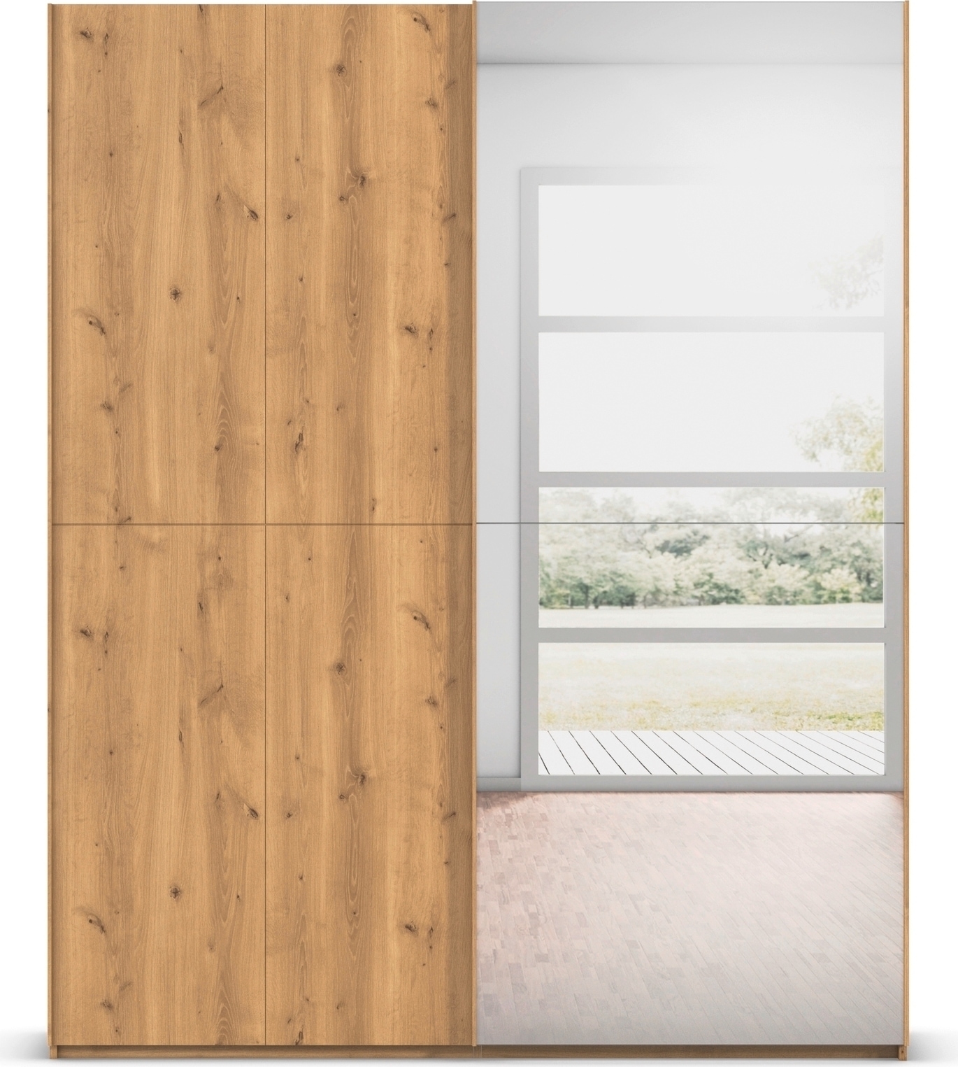 rauch Schwebetürenschrank »Kleiderschrank Schrank Garderobe Schlafzimmerschrank SCALE-WOOD«, edle geteilte Front in massiver Asteiche mit Spiegel MADE IN GERMANY