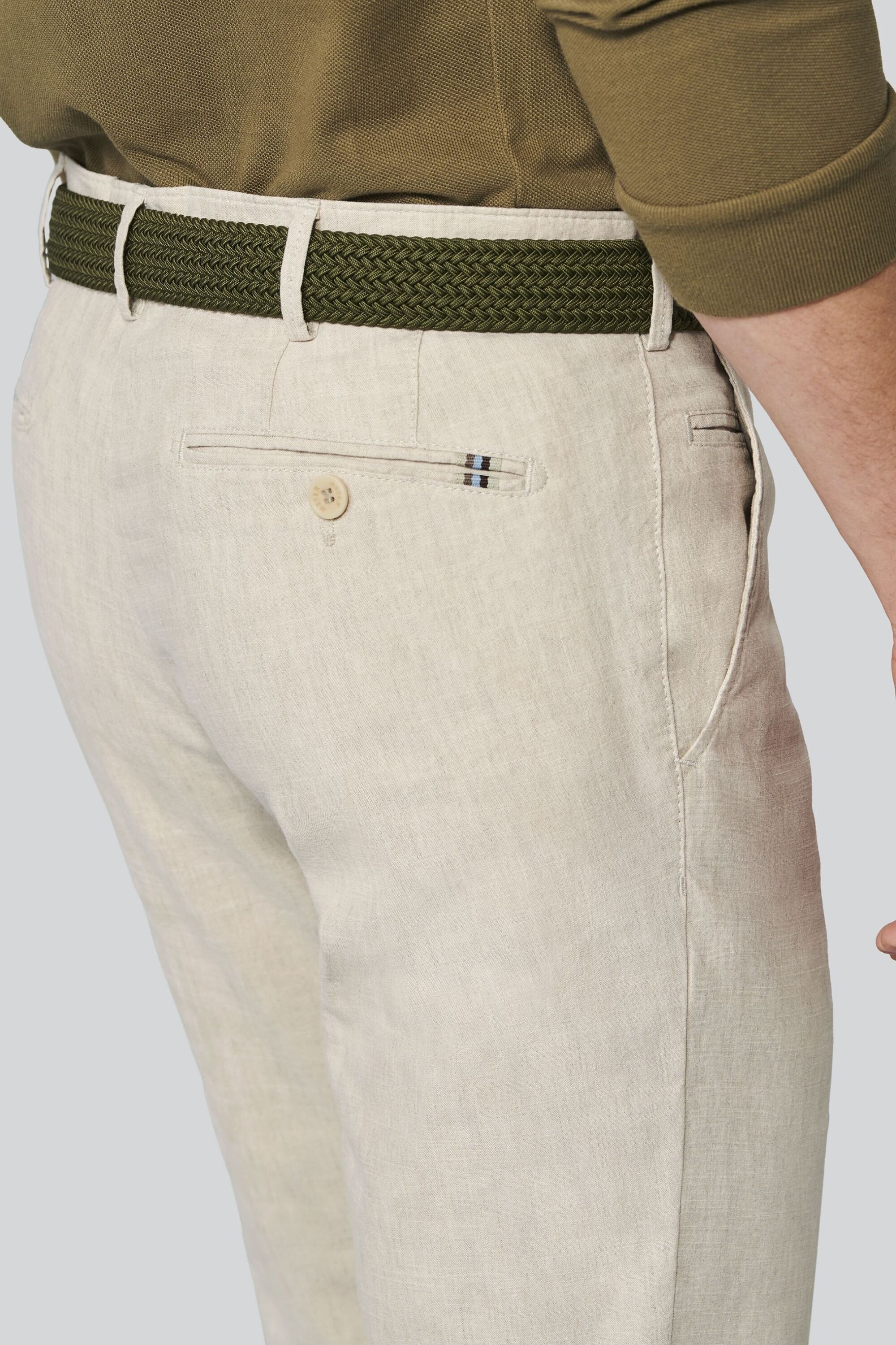 Chinos MEYER "Roma 1-3020", Herren, Gr. 25, Normalgrößen, beige, 53% Leinen, 45% Baumwolle, 2% Elasthan, unifarben, regular fit lang, Hosen, mit buntgewebtem Innenfutter 3