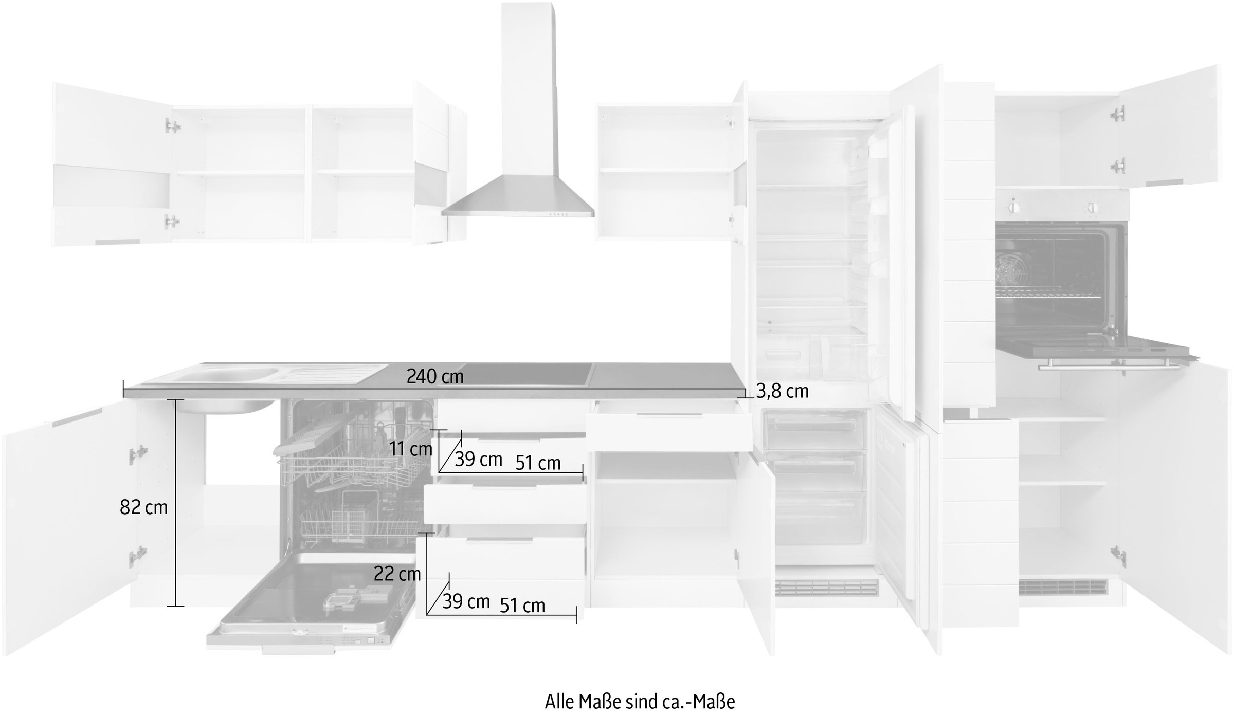 KOCHSTATION Küchenzeile »KS-Luhe«, 390 cm breit, wahlweise mit oder ohne E-Geräten, gefräste MDF-Fronten