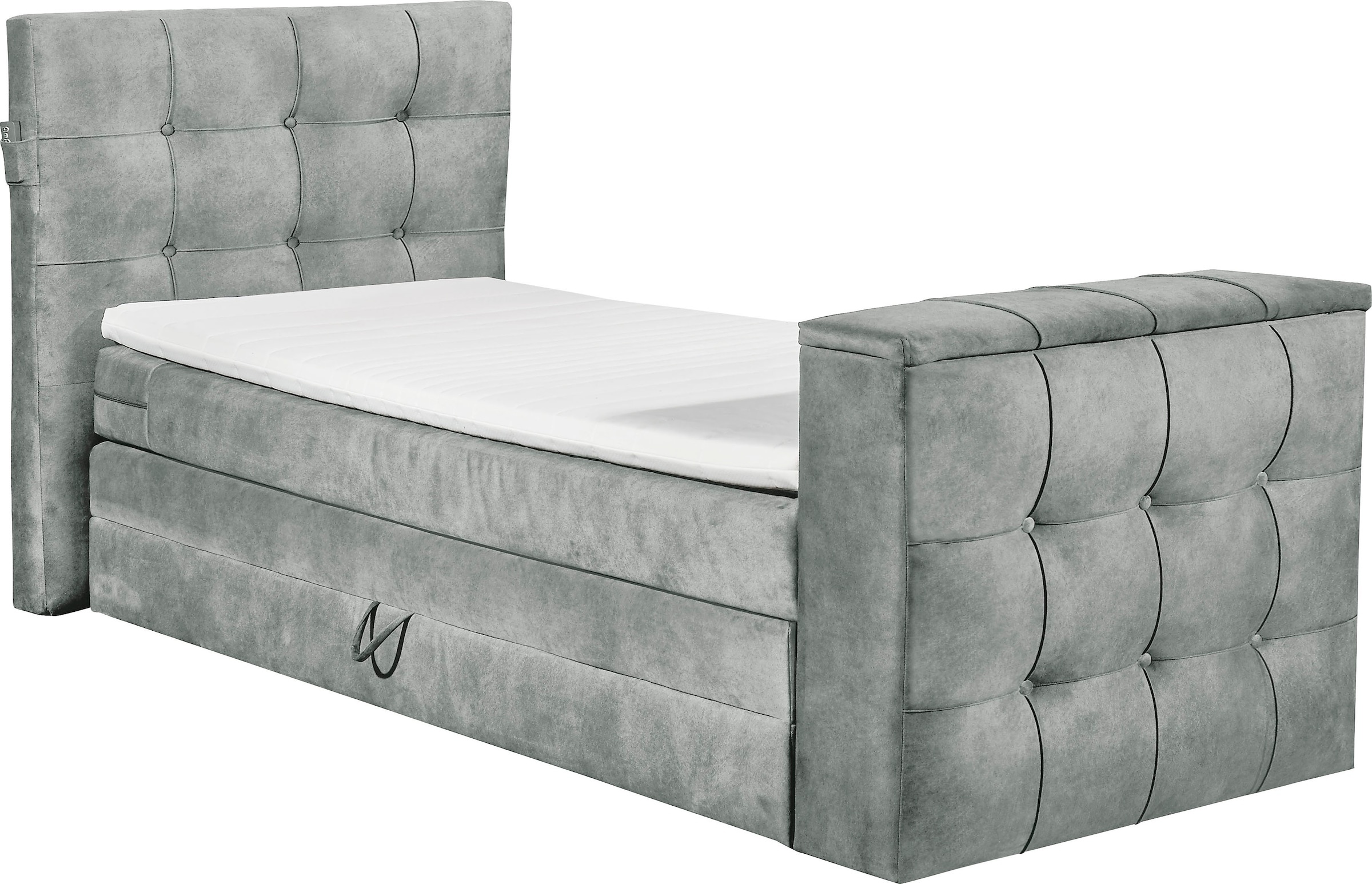Boxspringbett, B:134cm L:243cm, grau, SET ONE BY MUSTERRING, Komplettbetten, "Richmond", versenkbarer TV- Halterung mit Fernbedienung