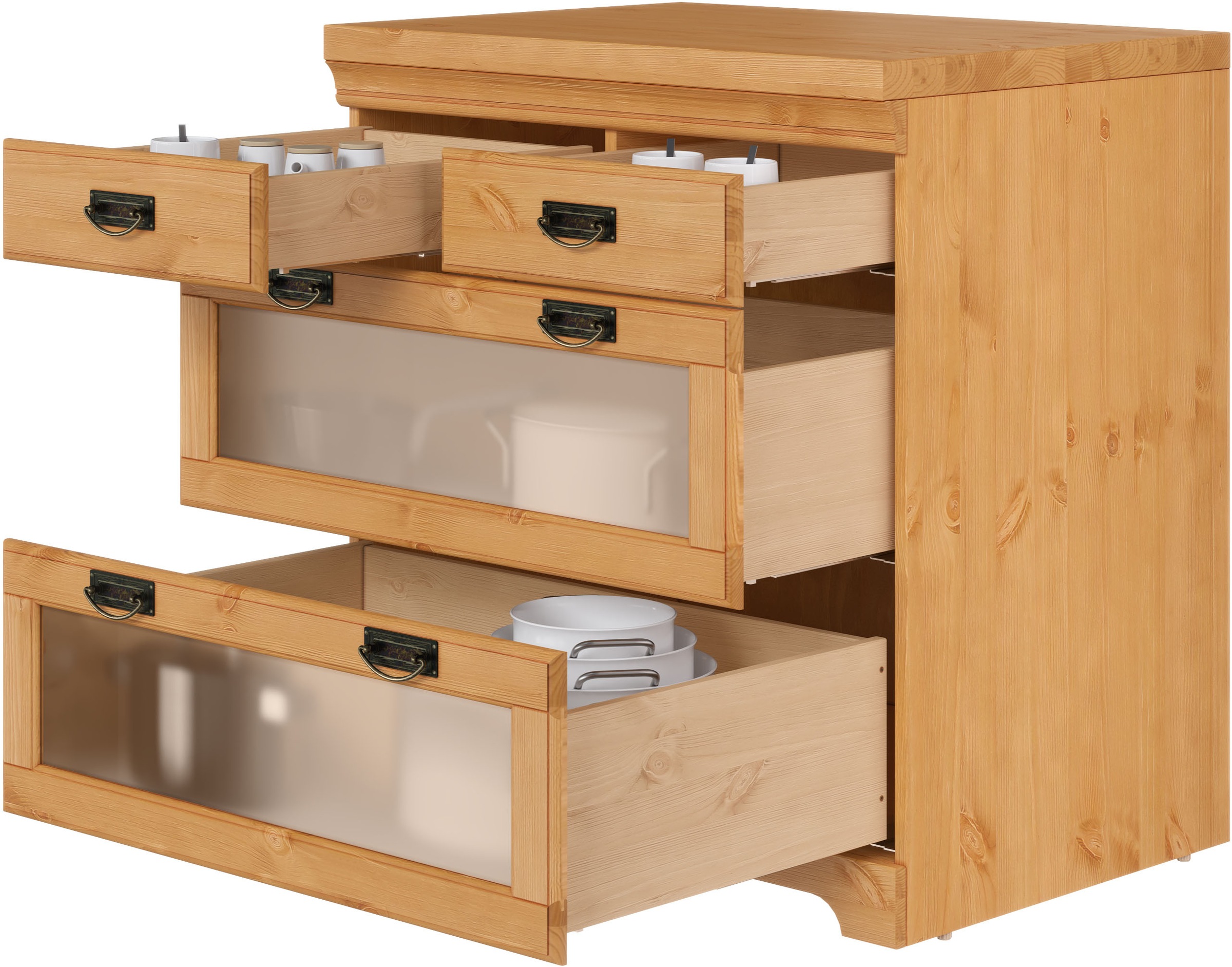 Home affaire Unterschrank »Rügen«, Breite 80 cm, Kiefer massiv, Schubkästen mit Glaseinsatz