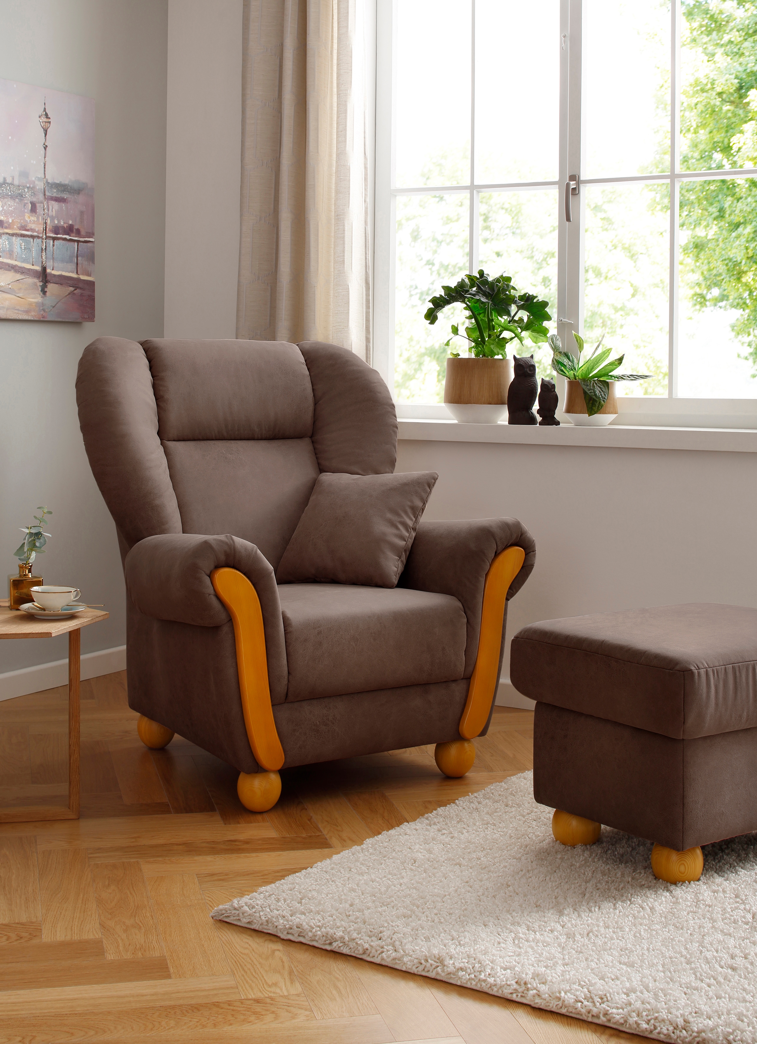 Home affaire Loungesessel "Milano Vintage, Hochlehnsessel, Ohrensessel, Breite 100cm" hoher Sitzkomfort mit hoher Rückenlehne, incl. Zierkissen