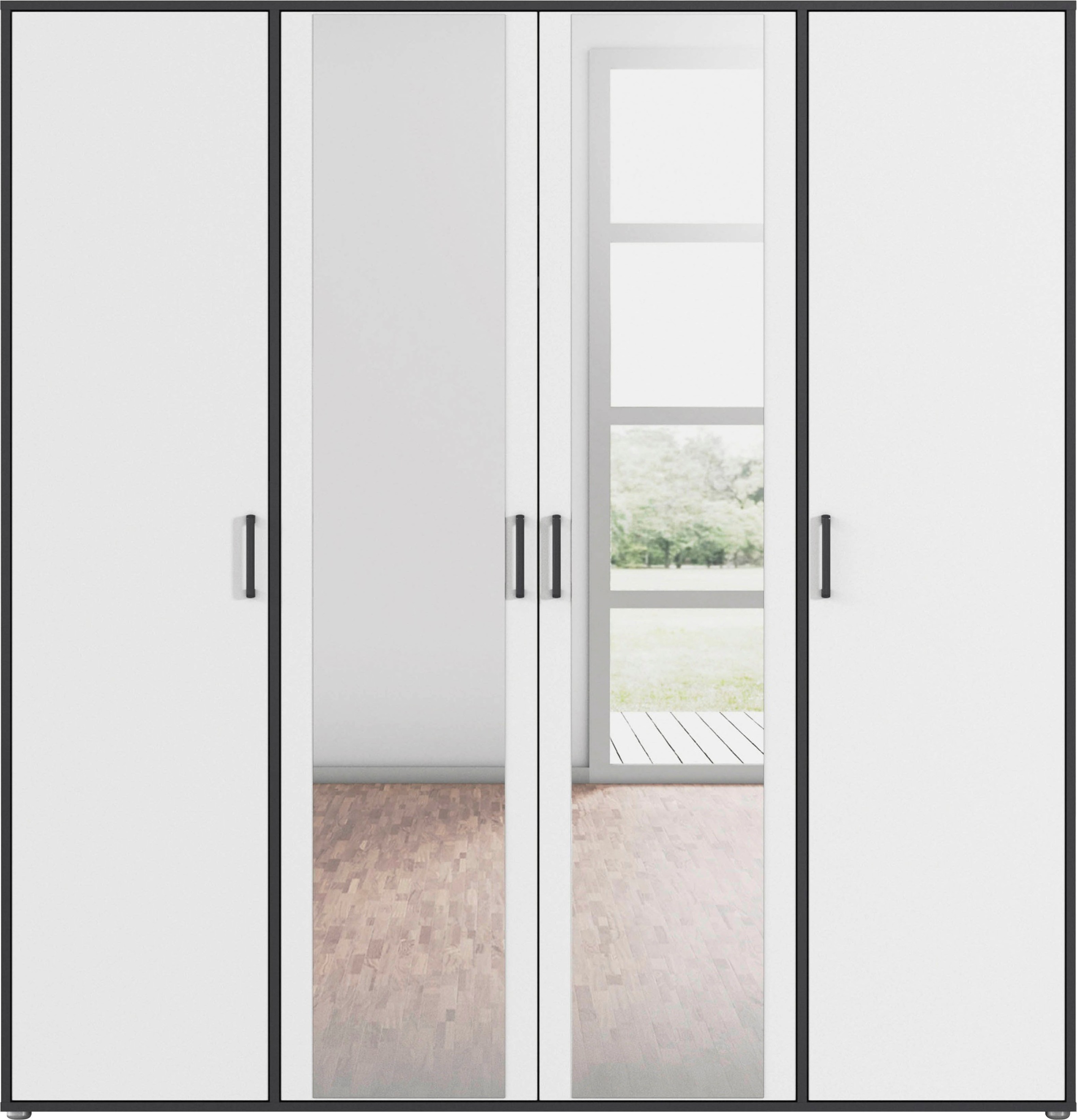 rauch Drehtürenschrank »Kleiderschrank Schrank Garderobe Wäscheschrank VOYAGER«, (in 3 verschiedenen Ausstattungen BASIC/CLASSIC/PREMIUM), mit modernen Griffen in Graumetallic und Spiegel