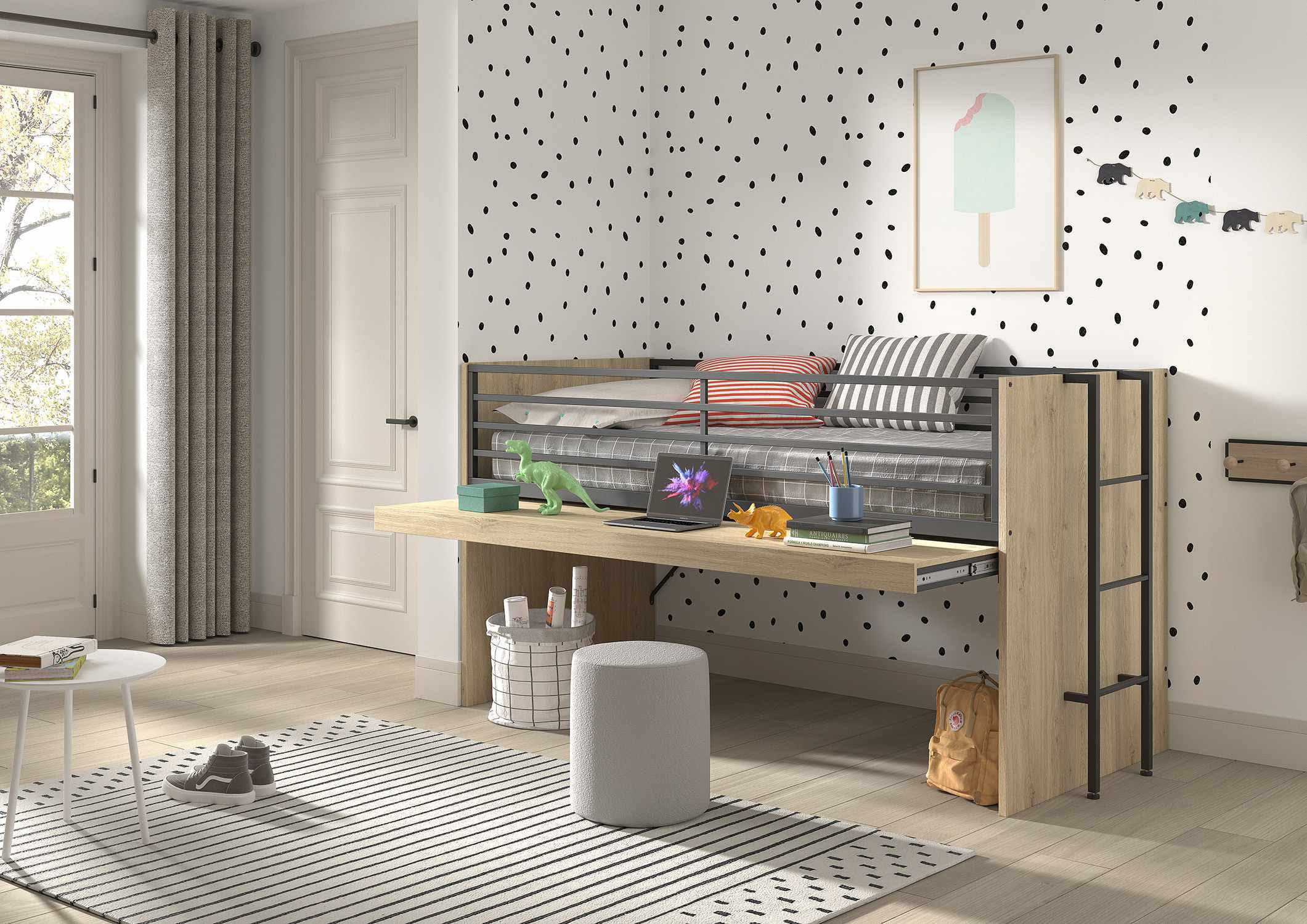 Vipack Stauraumbett »Sam, schlafen und arbeiten in einem, wahlweise Eiche- oder Weiß-Dekor« Liegefläche 90x200 cm, darunter eine große ausziehbare Schreibplatte,  mit Absturzschutz, Leiter u. Stauraum, pflegeleichte Dekor Oberfläche