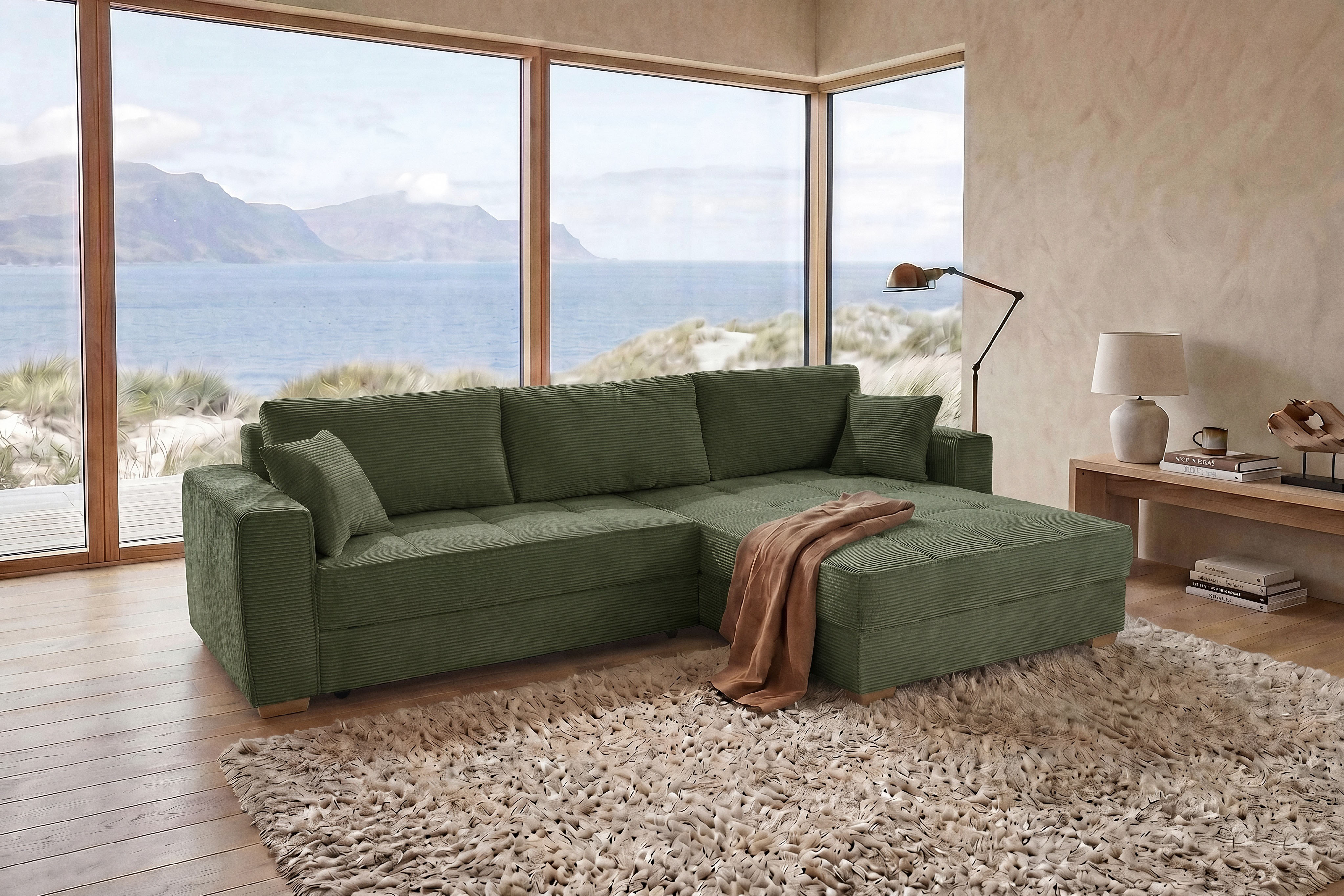 Jockenhöfer Gruppe Ecksofa "Bologna, L-Form, Breite: 298 cm, Cord-Bezug, beidseitig montierbar" mit Schlaffunktion, Bettkasten & Zierkissen, XXL-Ottomane