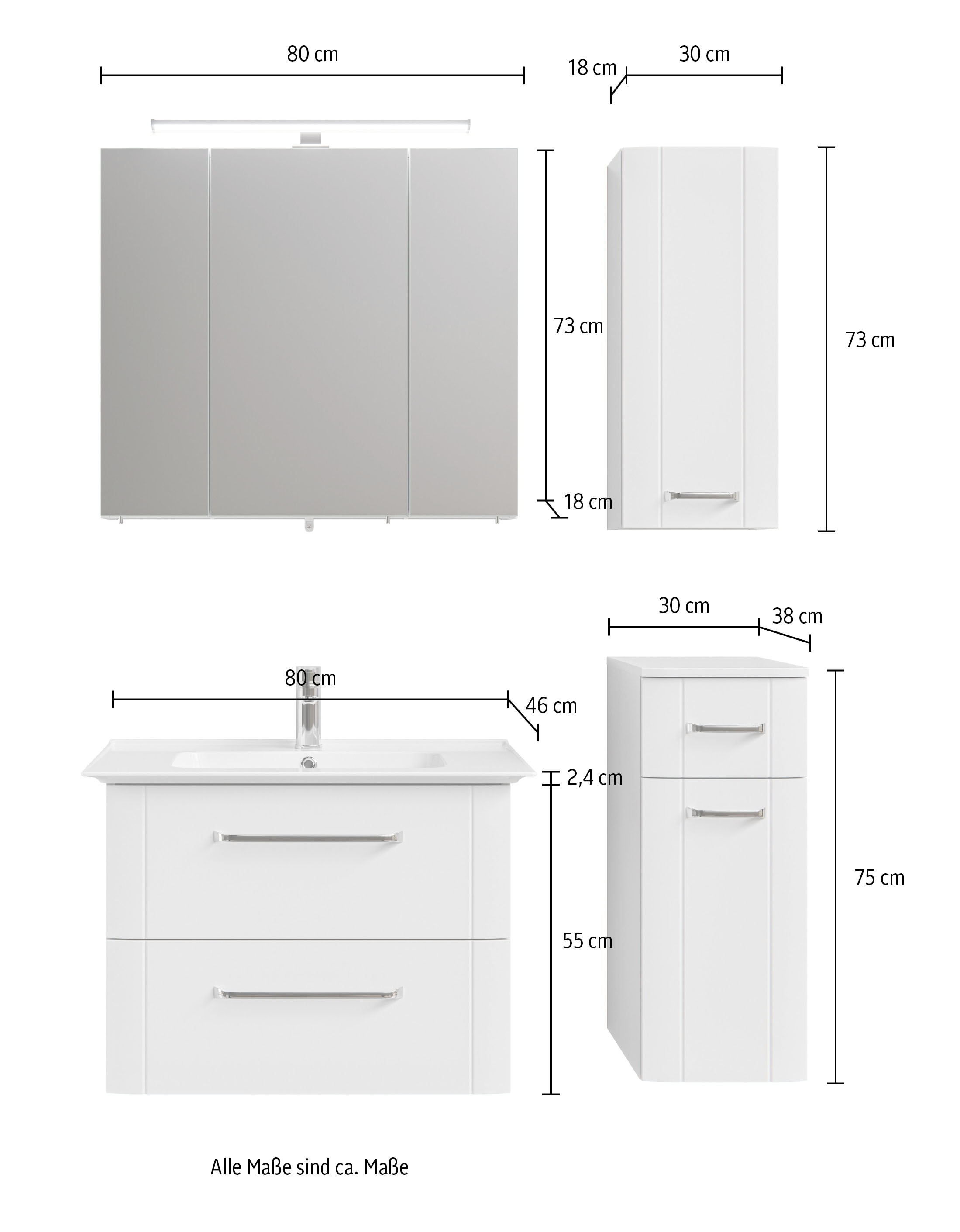 Saphir Badmöbel-Set »Badmöbel-Set Serie 3006 4-teilig Keramik-Waschtisch mit Spiegelschrank«, (5 St.), Badezimmer-Set mit Unterschrank, Hängeschrank, inkl. Türdämpfer