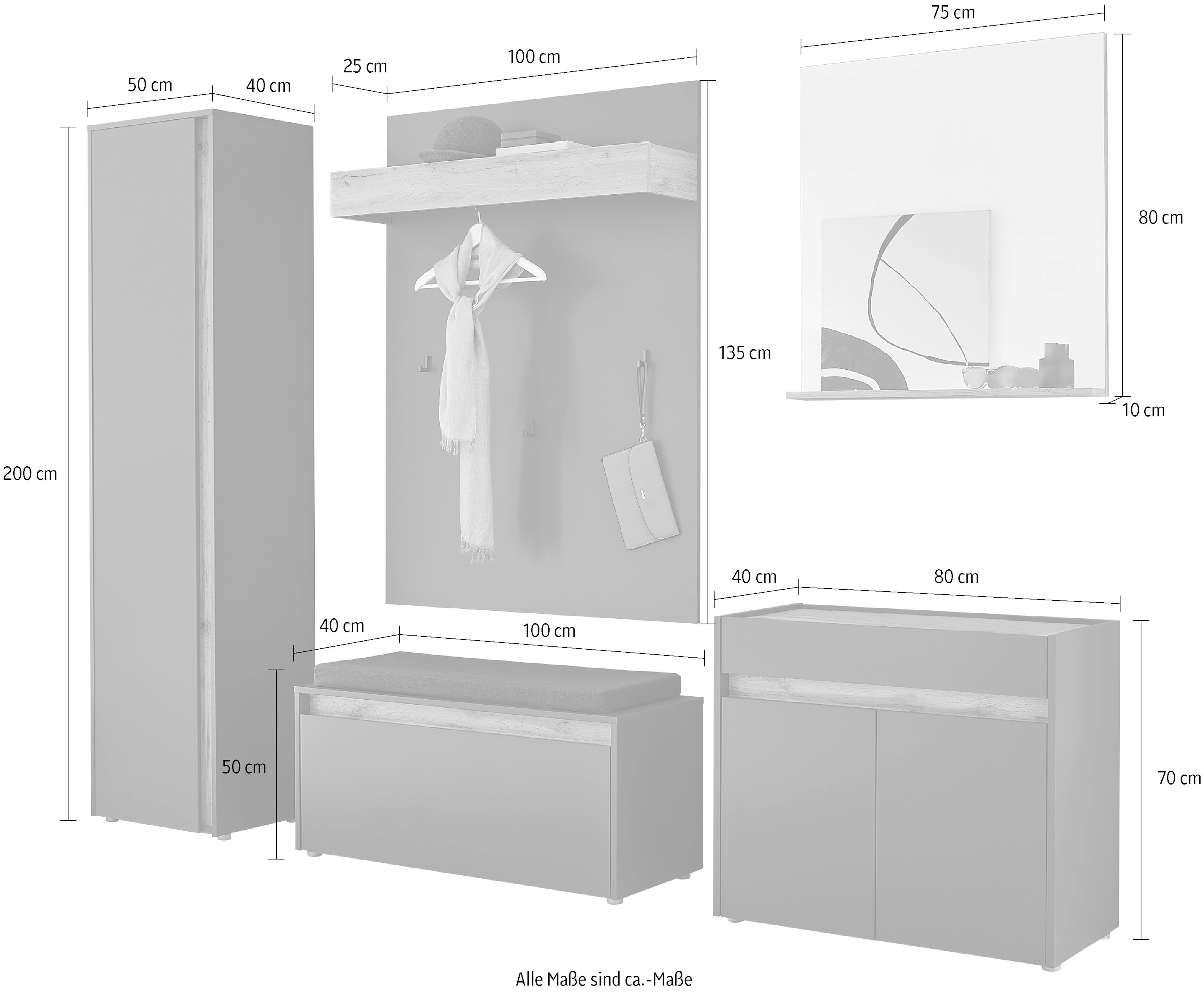 INOSIGN Garderoben-Set »GIRON/ CiTY, Garderobe in Wotan Eiche, moderner Garderobenschrank«, (Komplett-Set, 5 St.), enthält Schrank, Kommode, Spiegel, Paneel & Schuhbank +Sitzkissen