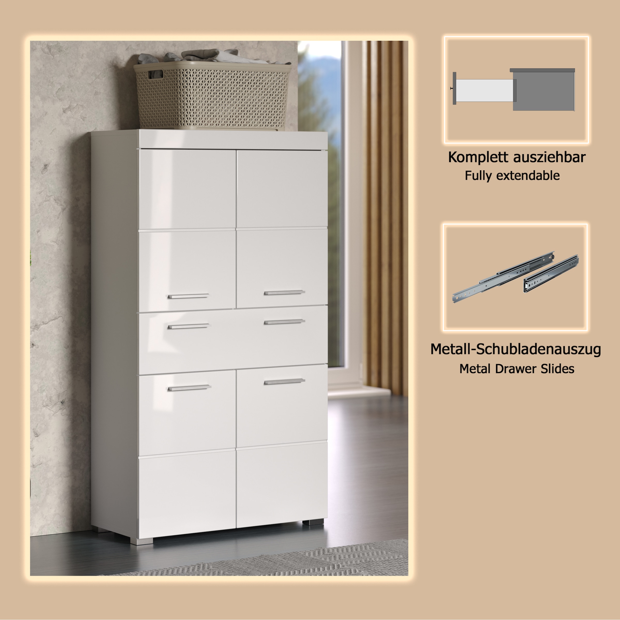 welltime Midischrank »Avena«, Standschrank mit 4 Türen, 1 Schublade - (B/T/H) 73/31/130 cm