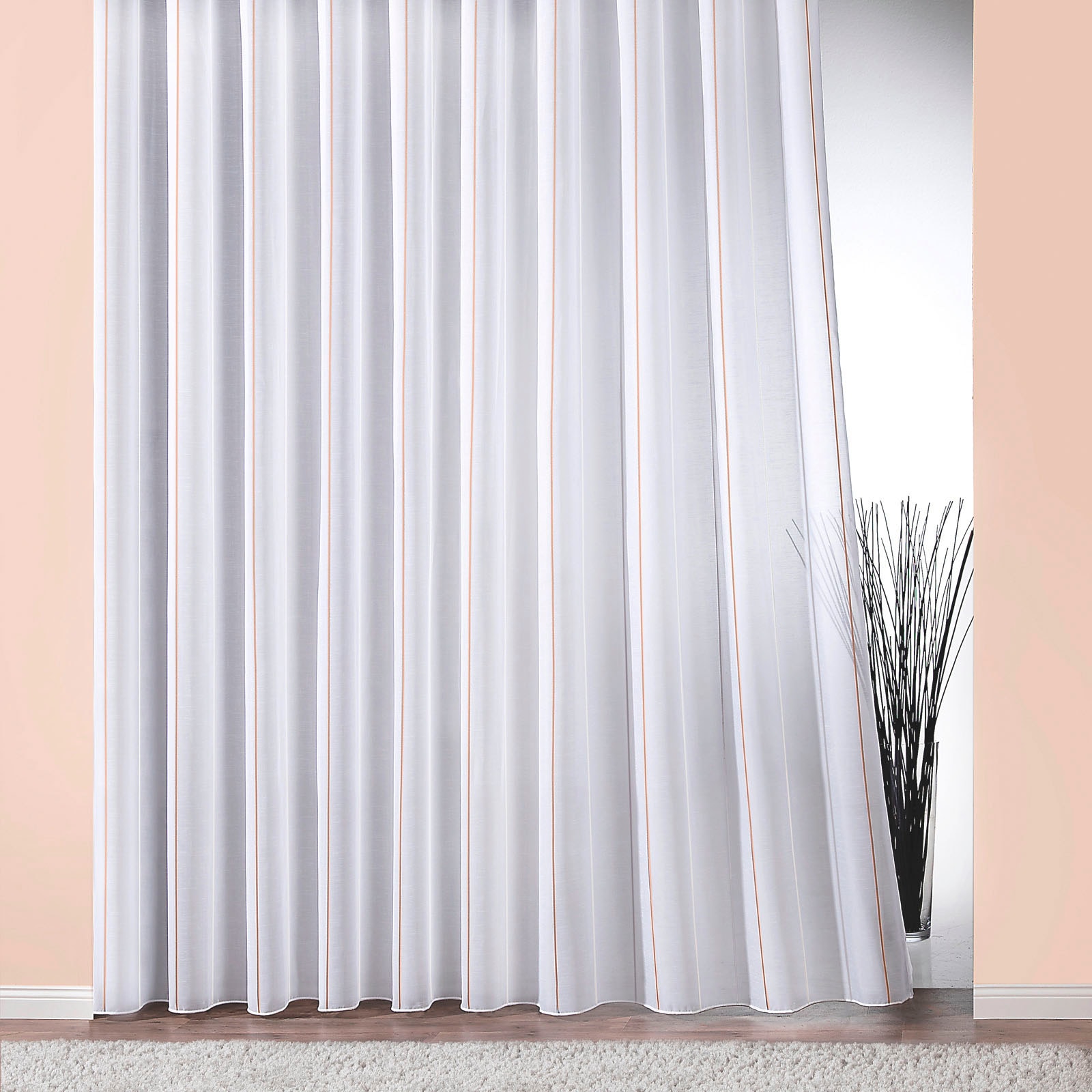 Gardine WECKBRODT, B:375cm H:160cm, weiß, Polyester, Wohnzimmer, Gardinen, "Athen", Webgardine, halbtransparent, mit Glanzeffektstreifen,