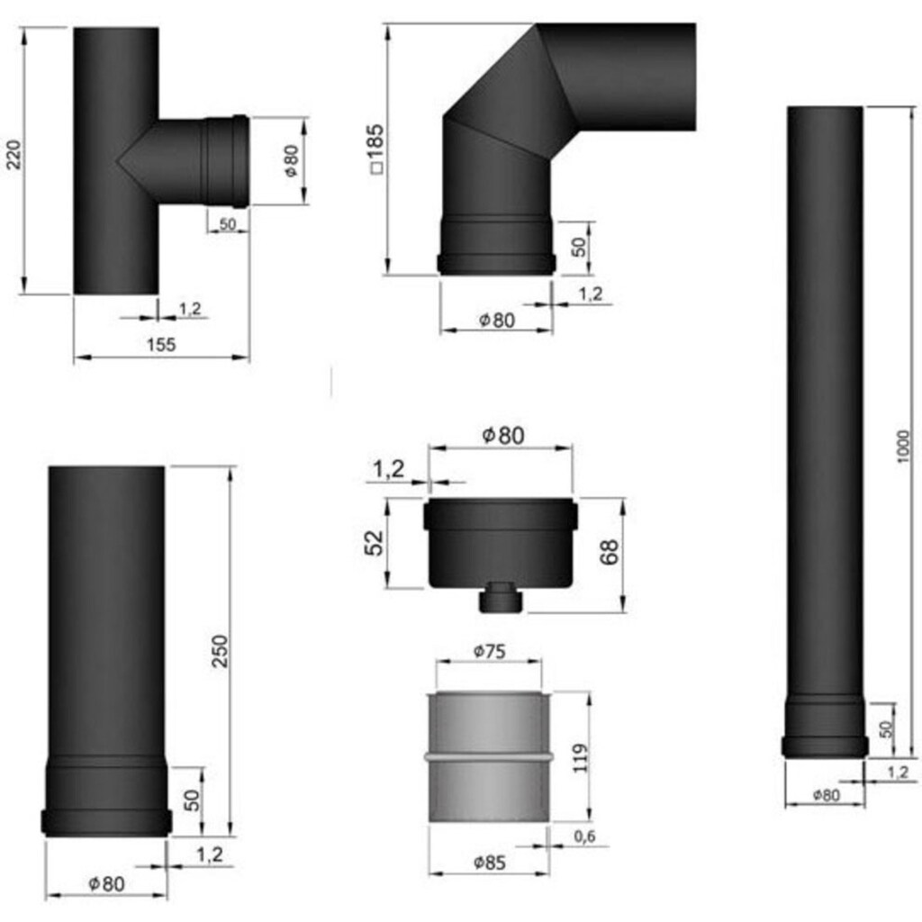 Heathus Ofenrohr, (Set, 6 tlg.), für Pelletöfen, 100 cm, schwarz