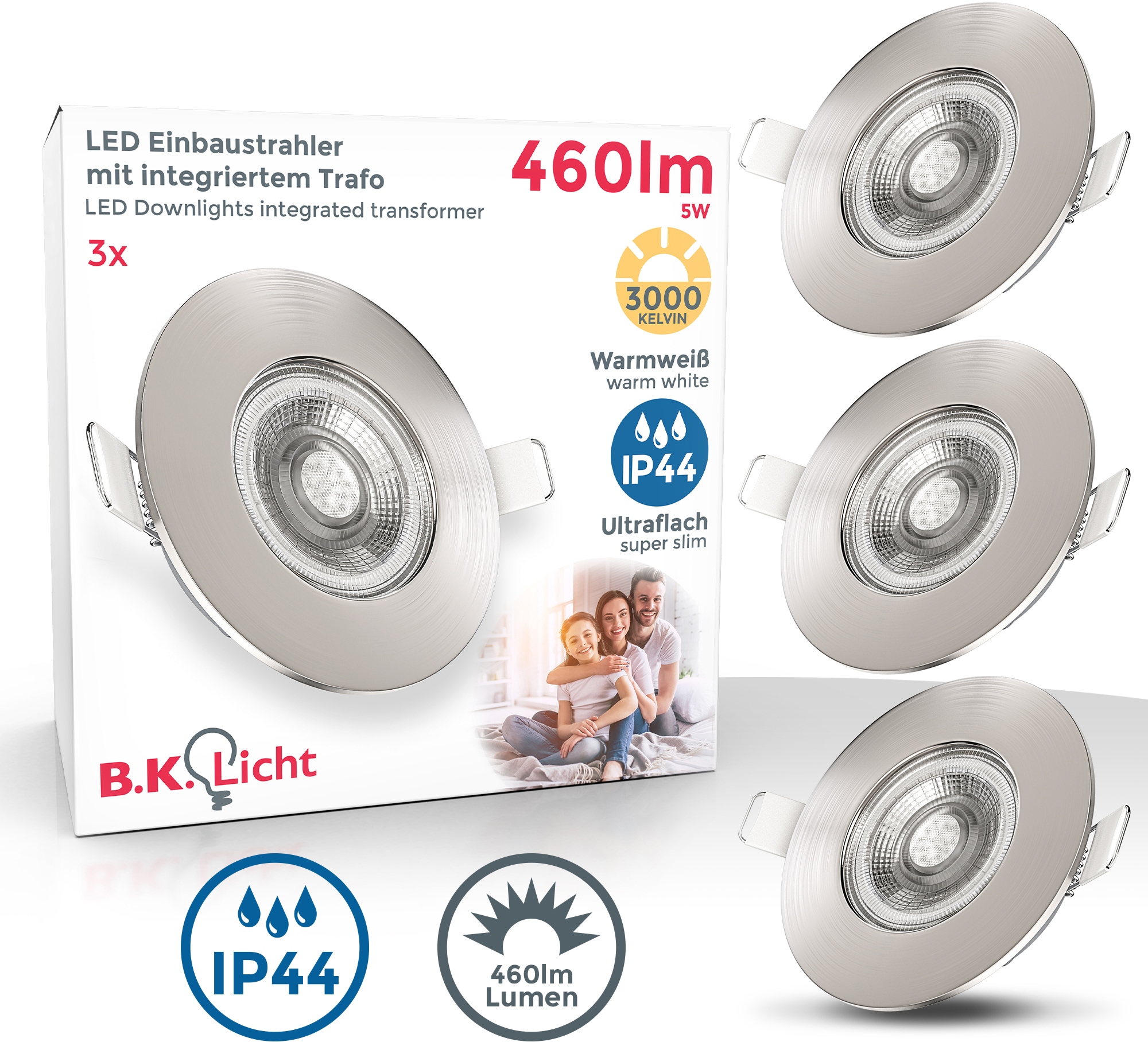 B.K.Licht LED Einbauleuchte, 3 er-Set, LED fest integriert, Schutzklasse IP44