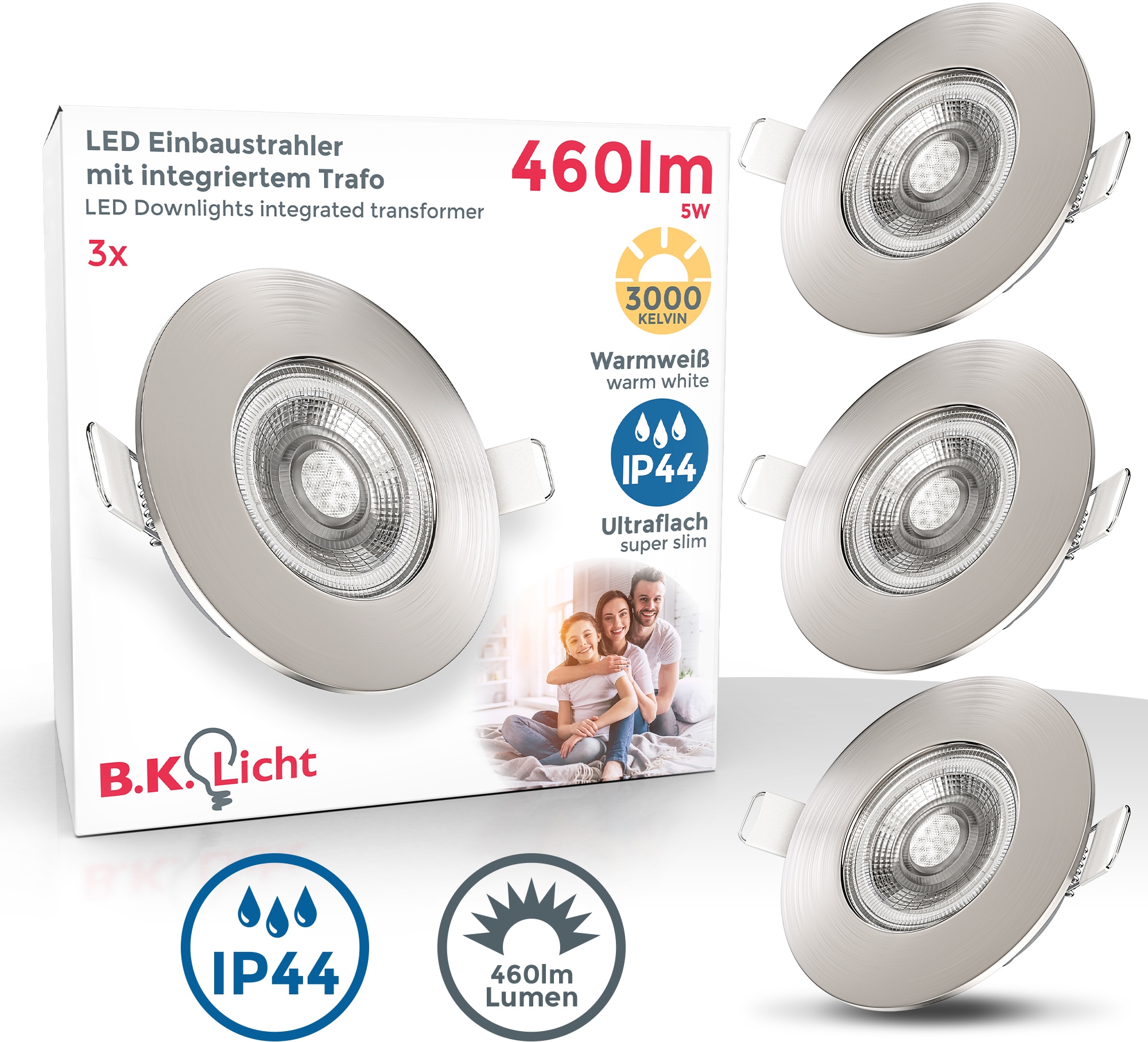 LED Einbauleuchte, 3 er-Set, LED fest integriert, Schutzklasse IP44