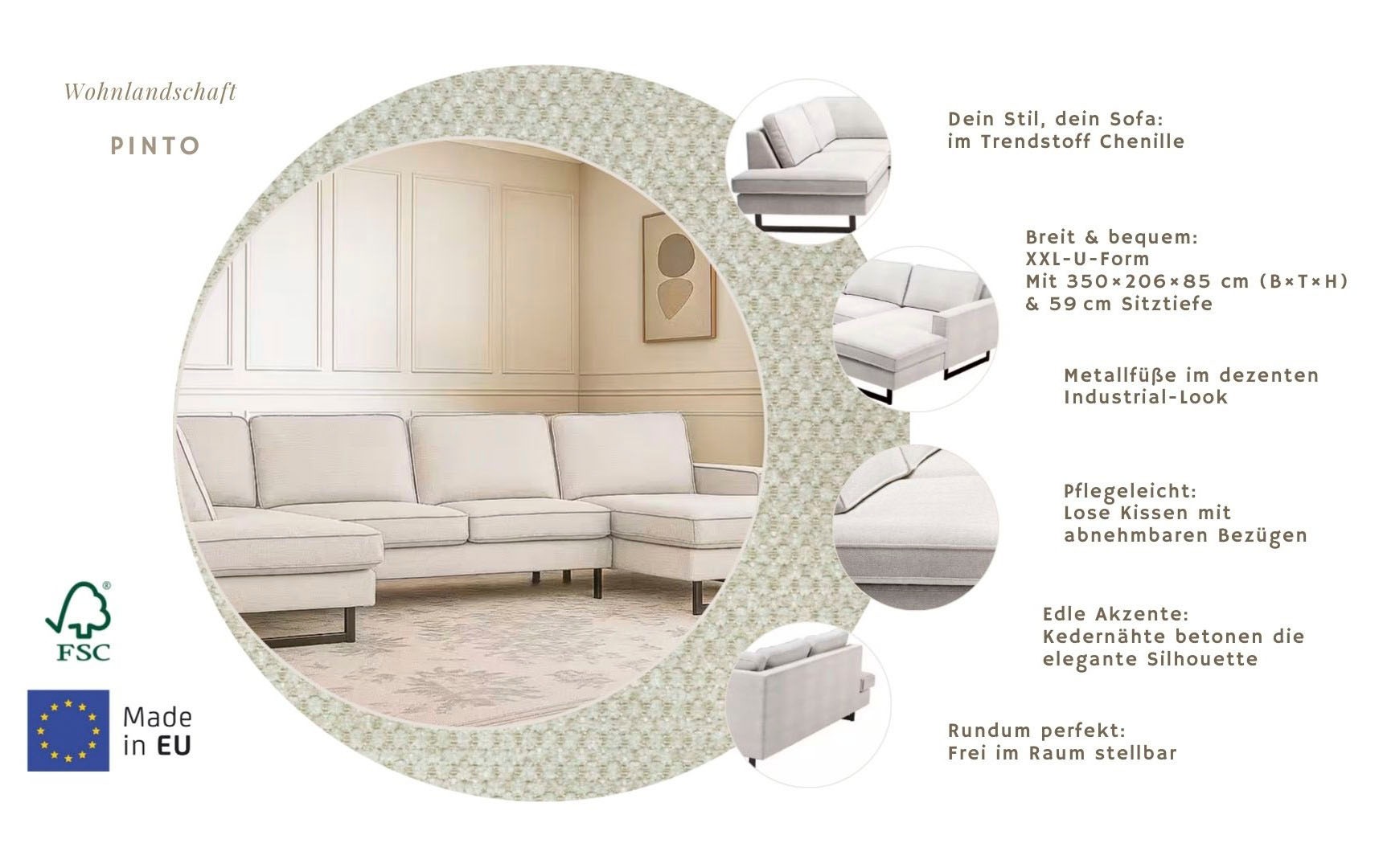 Home affaire Wohnlandschaft »Pinto, 350 cm, U-Form, XXL, mit Ottomanen« Cord, Chenille, Lederoptik, mit Keder, Metallfüße, Wellenunterfederung