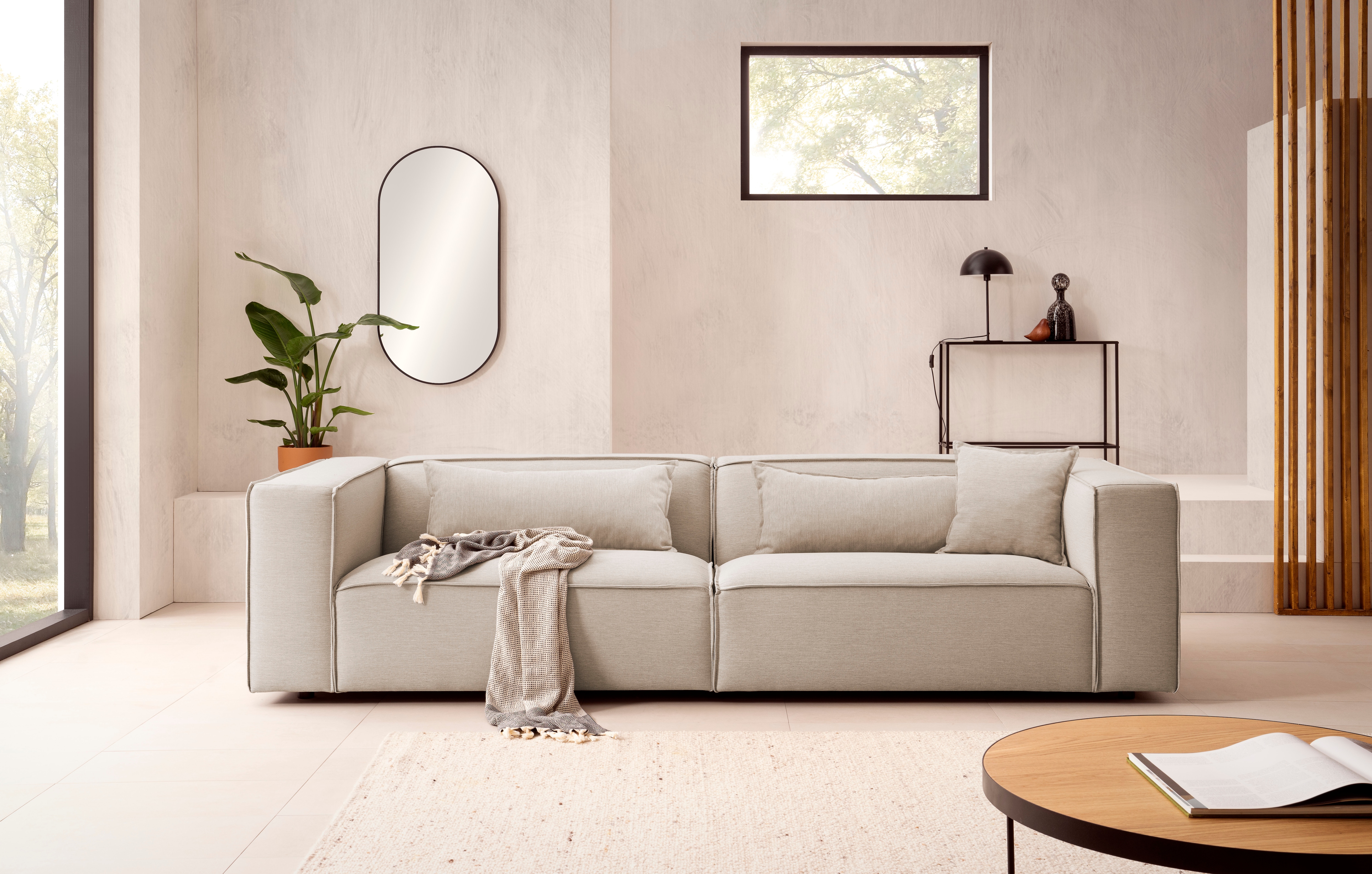 LeGer Home by Lena Gercke 3-Sitzer "PIARA, Struktur u. Leinenoptik, Sofa mit Kedernaht" schwarze Füße, bequemer Sitzkomfort
