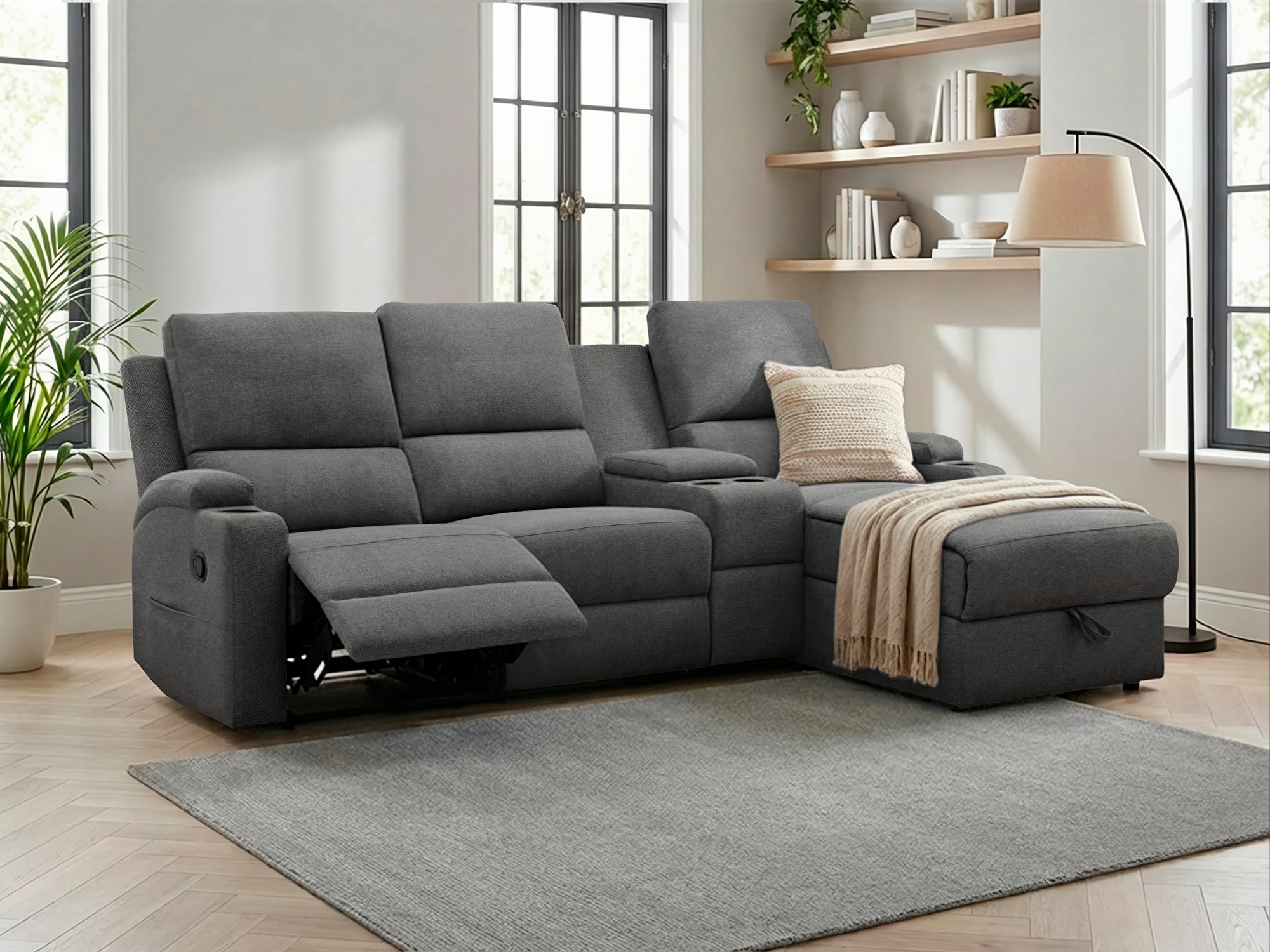 OTTO home Ecksofa "NAPORI Struktur, Multimediasofa, 3er Kinosessel XXL, L-Form" Kinosofa, manuelle o. elektr. Relaxfunktion, Staufach, Getränkehalter