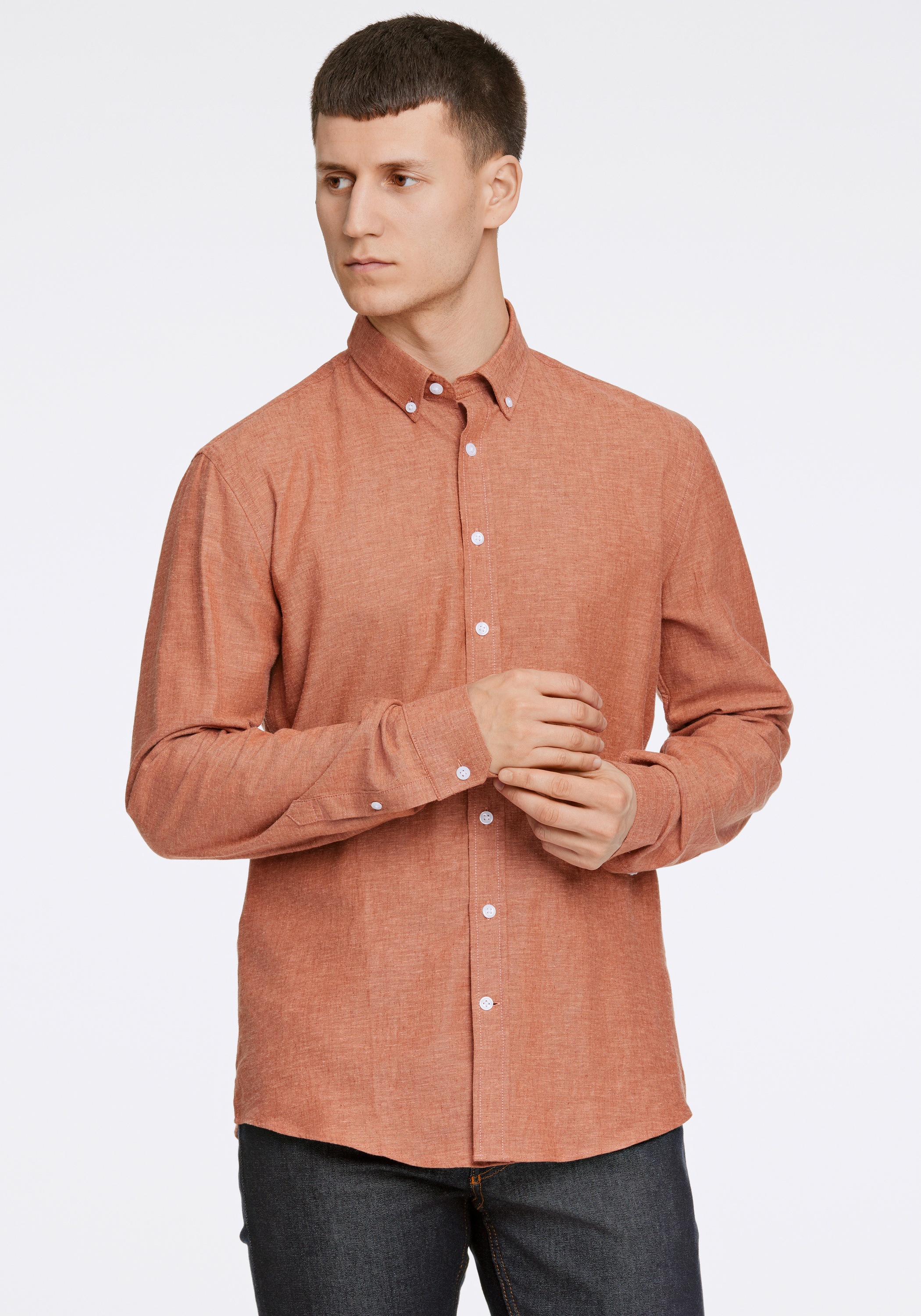Leinenhemd LINDBERGH "Leinenhemd Slim Fit", Herren, Gr. L, Normalgrößen, orange (mid clay), Obermaterial: 55% Leinen, 45% Baumwolle, Hemden