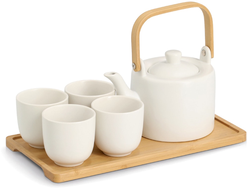 Zeller Present Geschirr-Set "Tee-Set, 6-tlg. Steingut/Bambus, weiß", (Set, günstig online kaufen