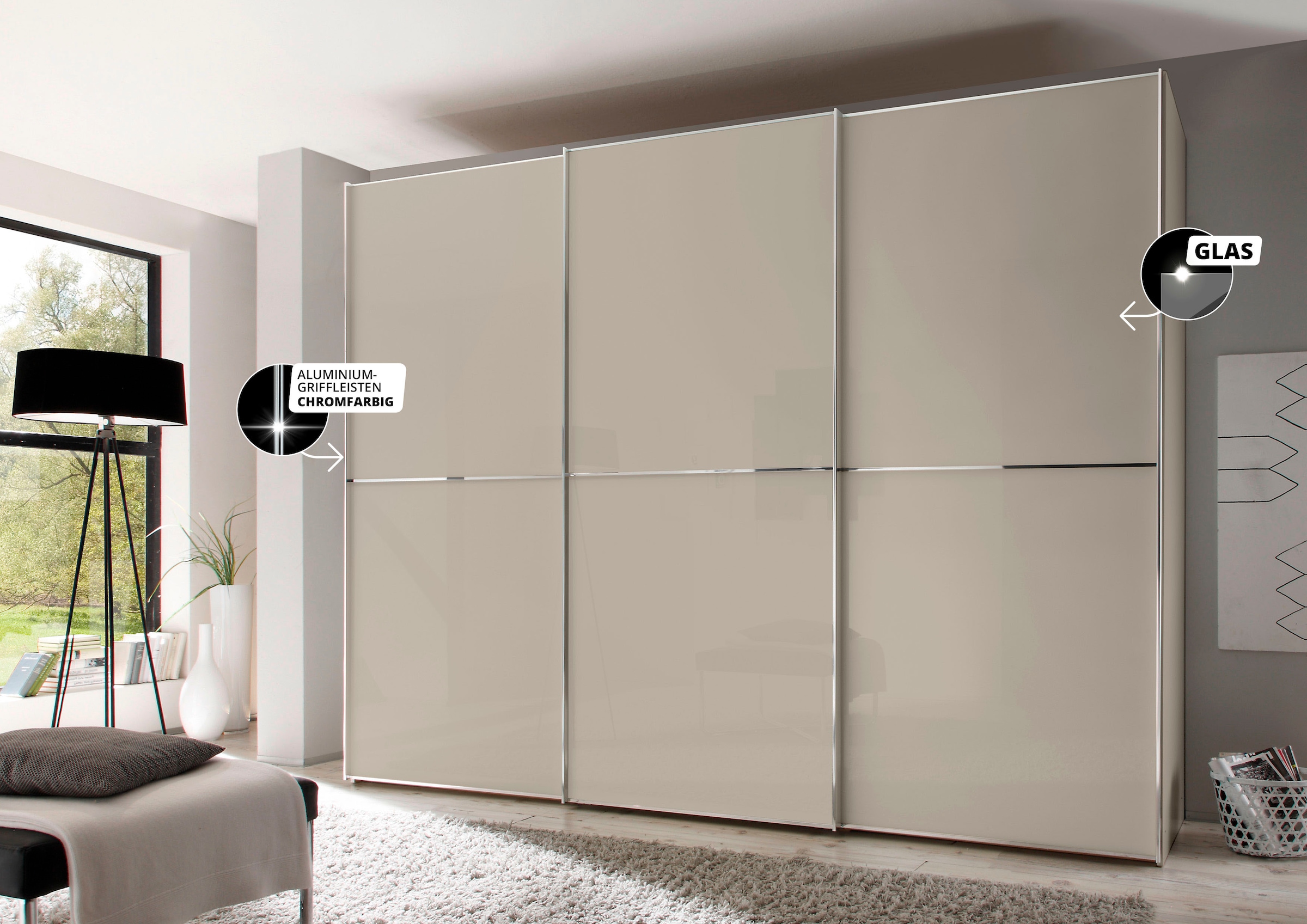 STAUD Schwebetürenschrank »Sinfonie Plus, edles Design in hochwertiger Qualität, Made in Germany«, Mit Glasfront und vier verschiedenen Ausstattungsvarianten