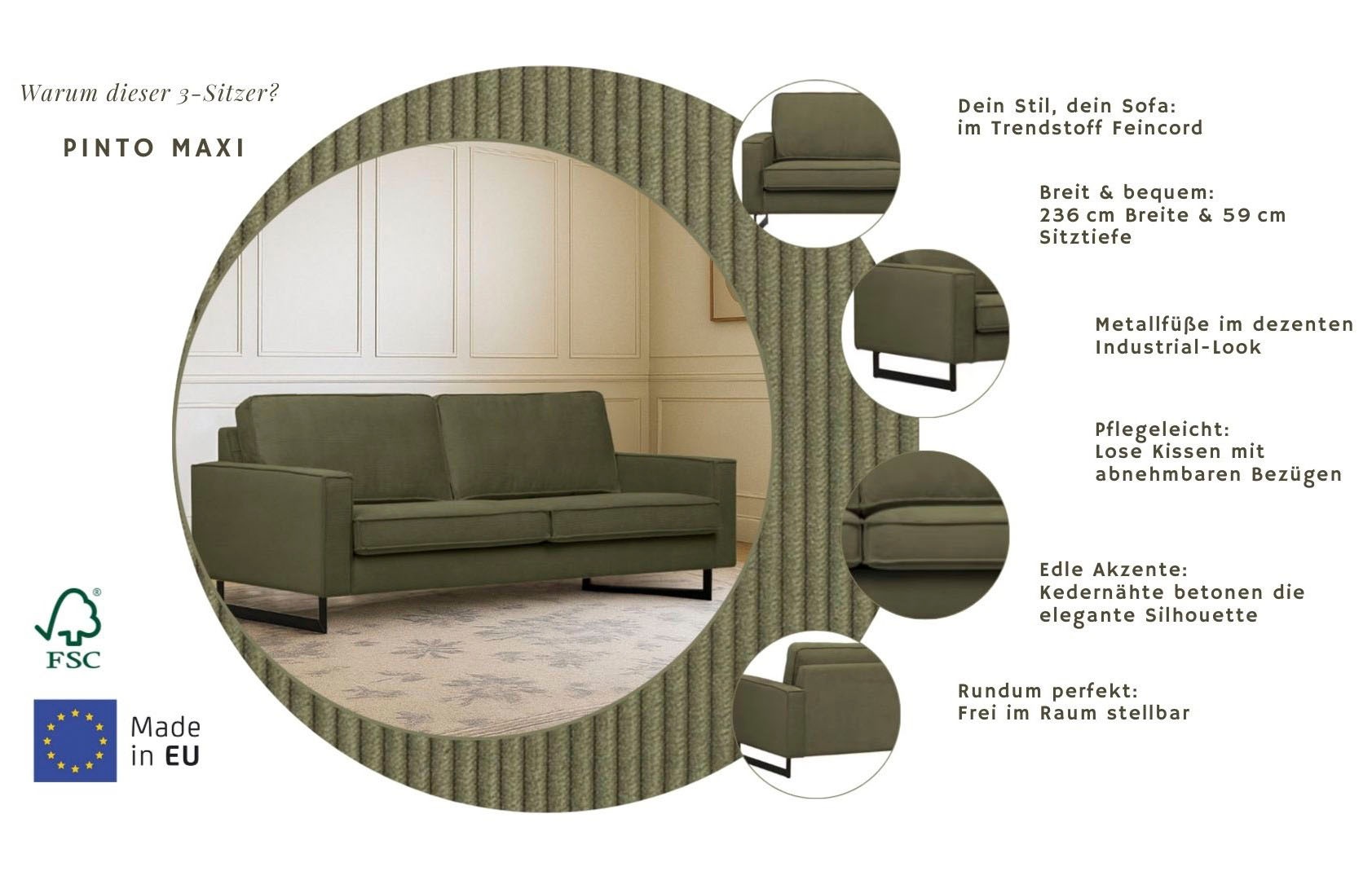 Home affaire 3-Sitzer »Maxi-Ausführung Pinto, 236 cm, Cord, Chenille, Lederoptik« mit Keder, schwarze Metallfüße, Wellenunterfederung