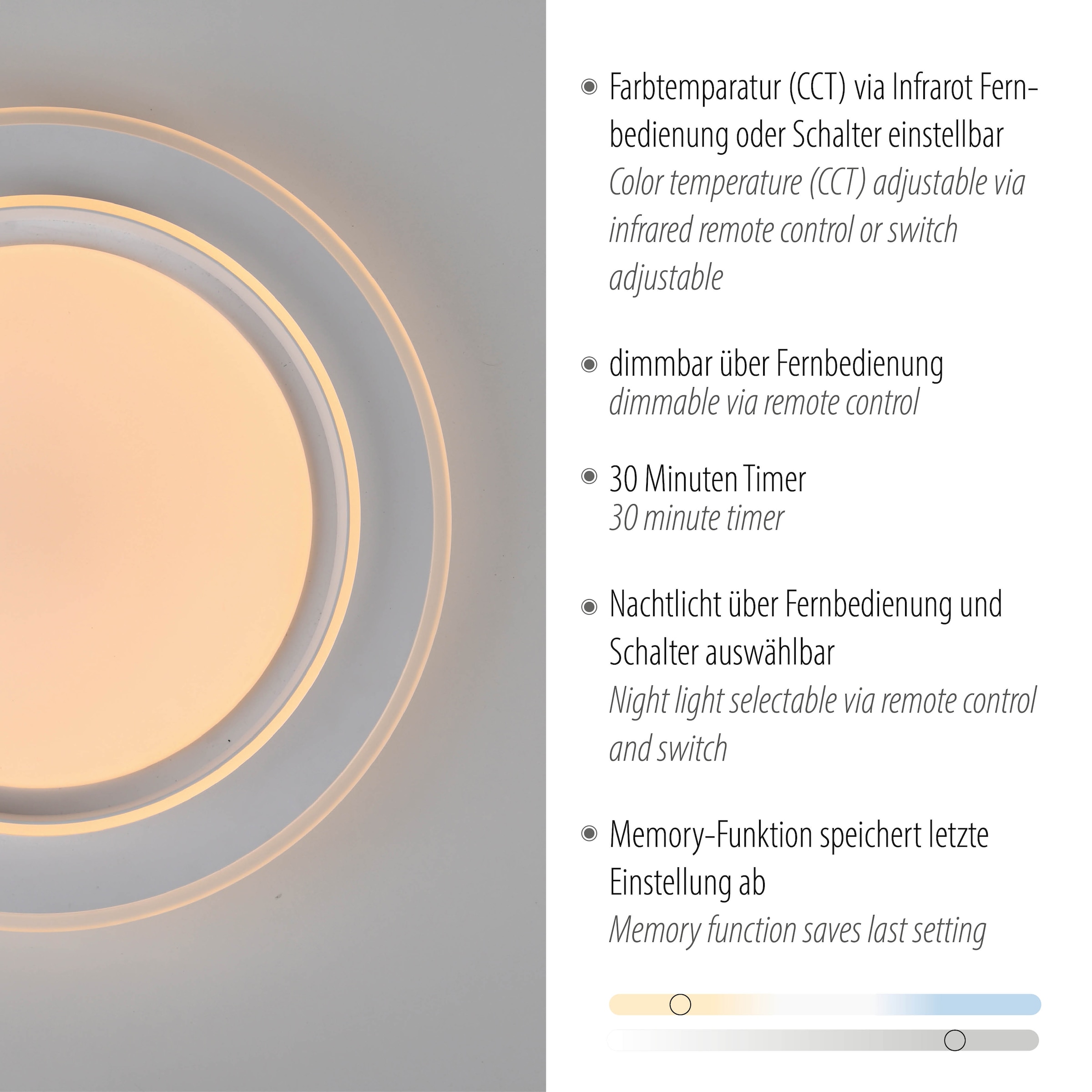 JUST LIGHT LED Deckenleuchte »LAGO« LED-Board 1 Stk. warmweiß - kaltweiß CCT-Farbtemperatursteuerung, Infrarot-FB, Stufenlos dimmbar, Memory