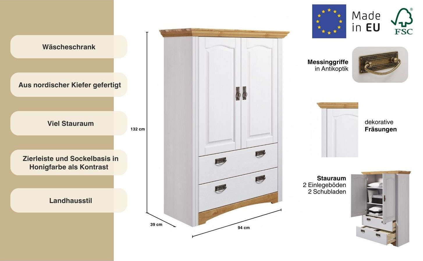 Thumbnail - Home affaire Wäscheschrank "Konrad", (2 Breiten: 94/133 cm H/T ca. 132/39 cm), aus massiver Kiefer, mit viel Stauraum