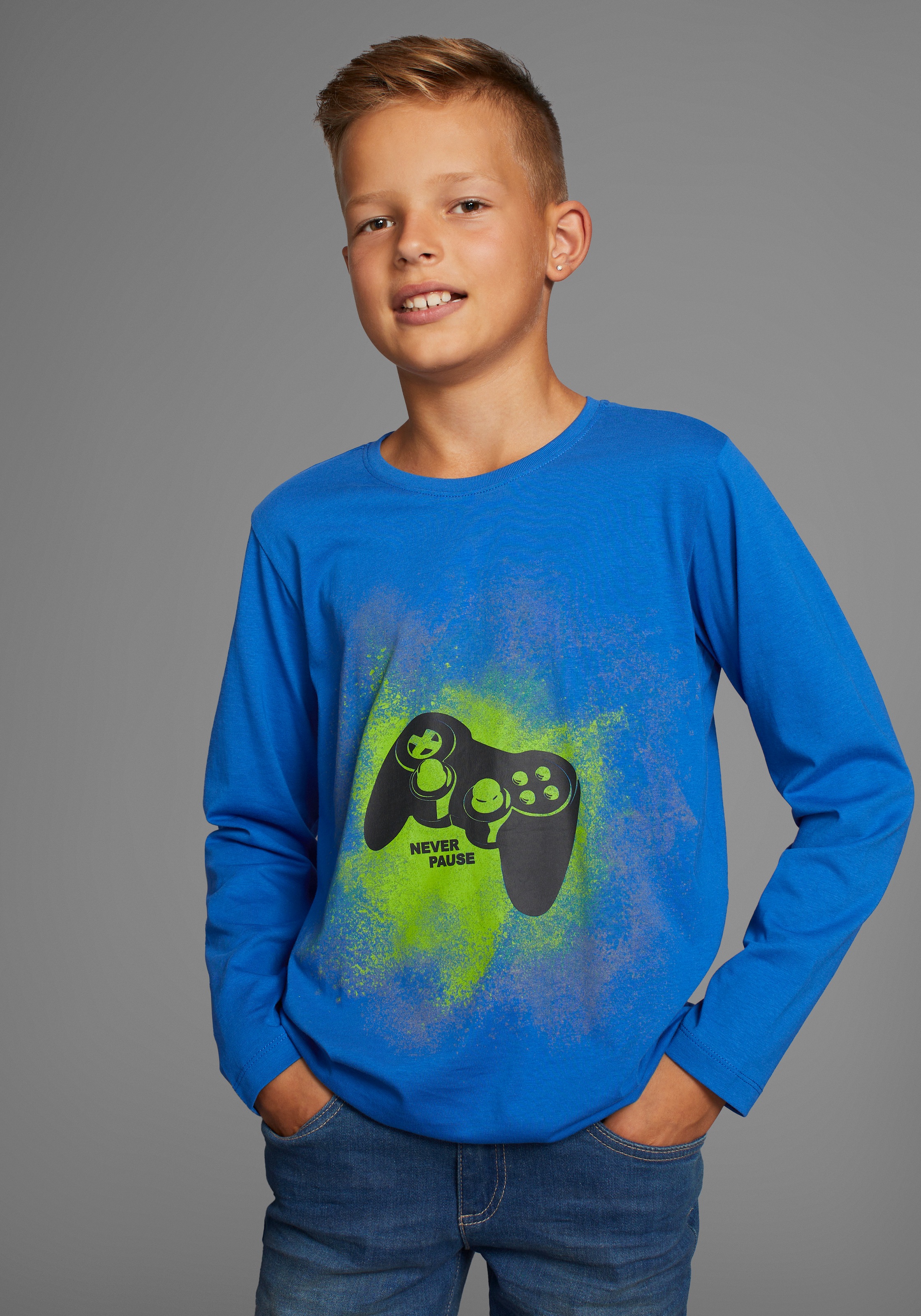 KIDSWORLD Jungen Langarmshirt "GAMER", blau, Basic, Gr. 176, bedruckt, Jersey, Obermaterial: 100% Baumwolle, Shirts, Gamer-Shirt Langarm,