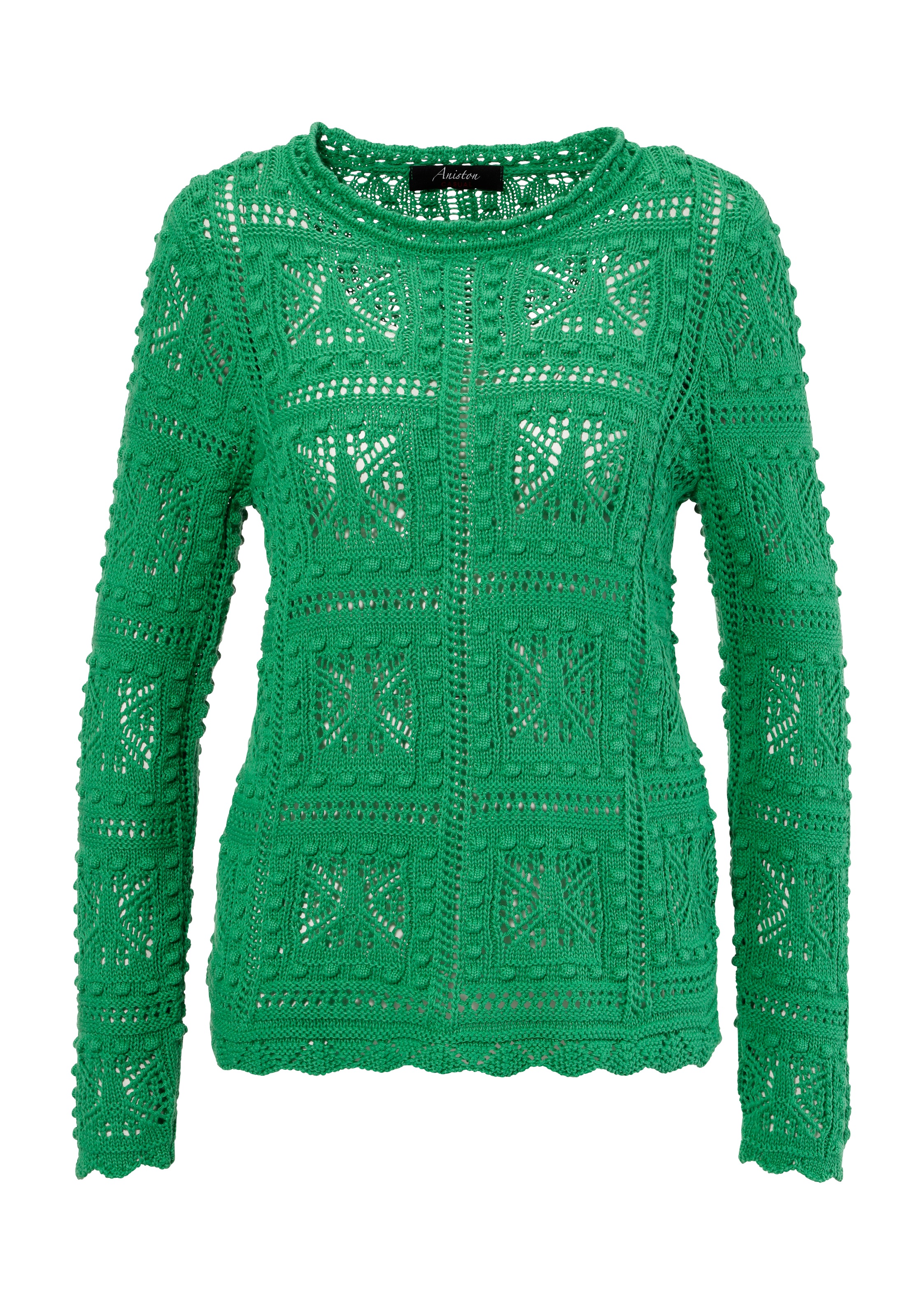 Strickpullover ANISTON CASUAL, Damen, Gr. 46, grün (smaragdgrün), Strick, Obermaterial: 50% Baumwolle, 50% Polyacryl, unifarben, figurumspielend hüftlang, Rundhals, gewellter Abschluss, Pullover Strickpullover, im attraktiven Ajour-Muster-Mix 3