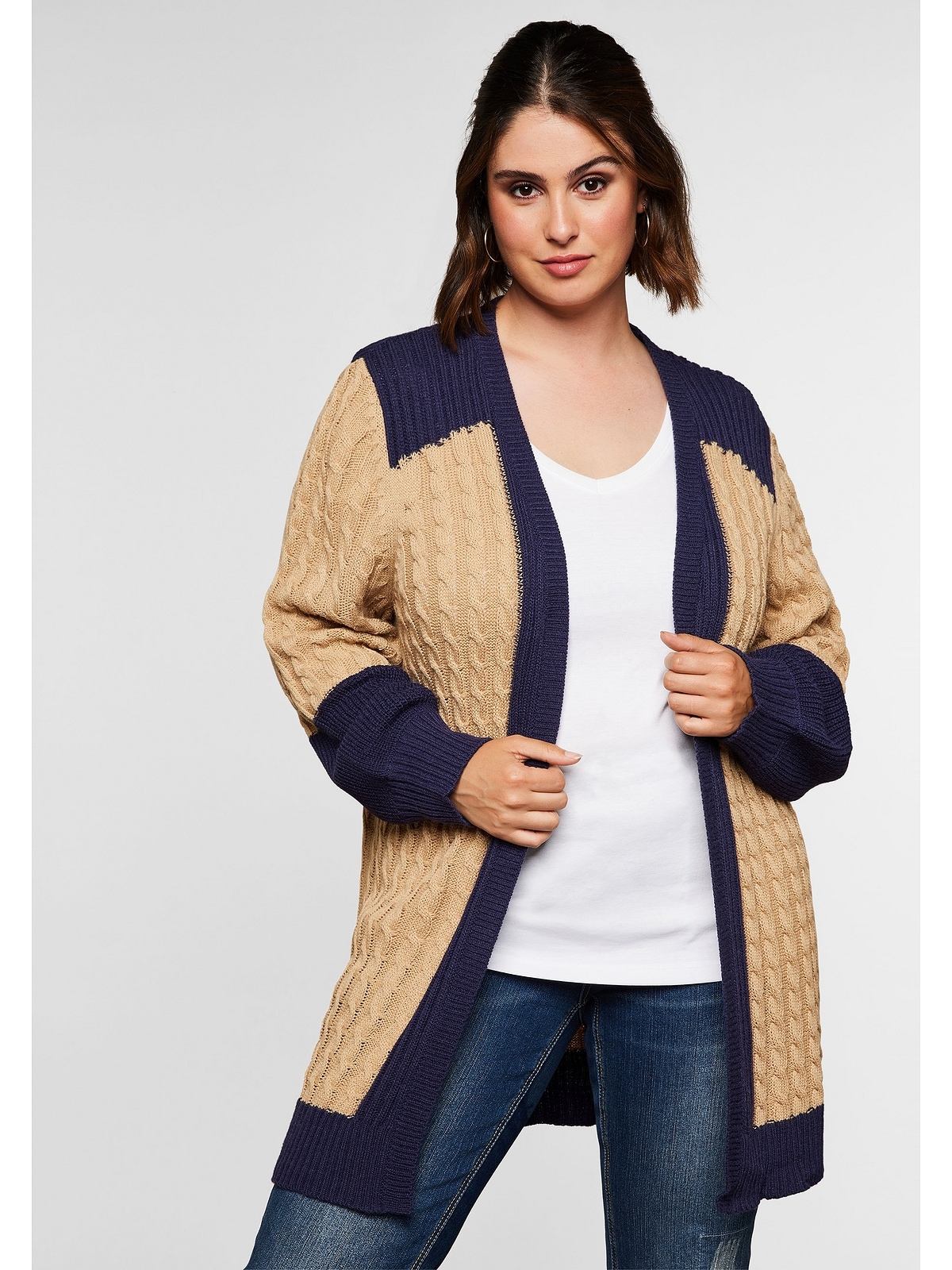 Sheego Longstrickjacke »Große Kontrastdetails mit und | kaufen online BAUR Größen«, Struktur