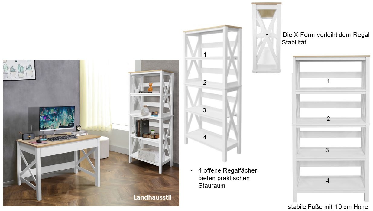 Home affaire Aktenregal »Silba«, Bücherregal, 4 Fächer, Landhausstil, Höhe 161 cm