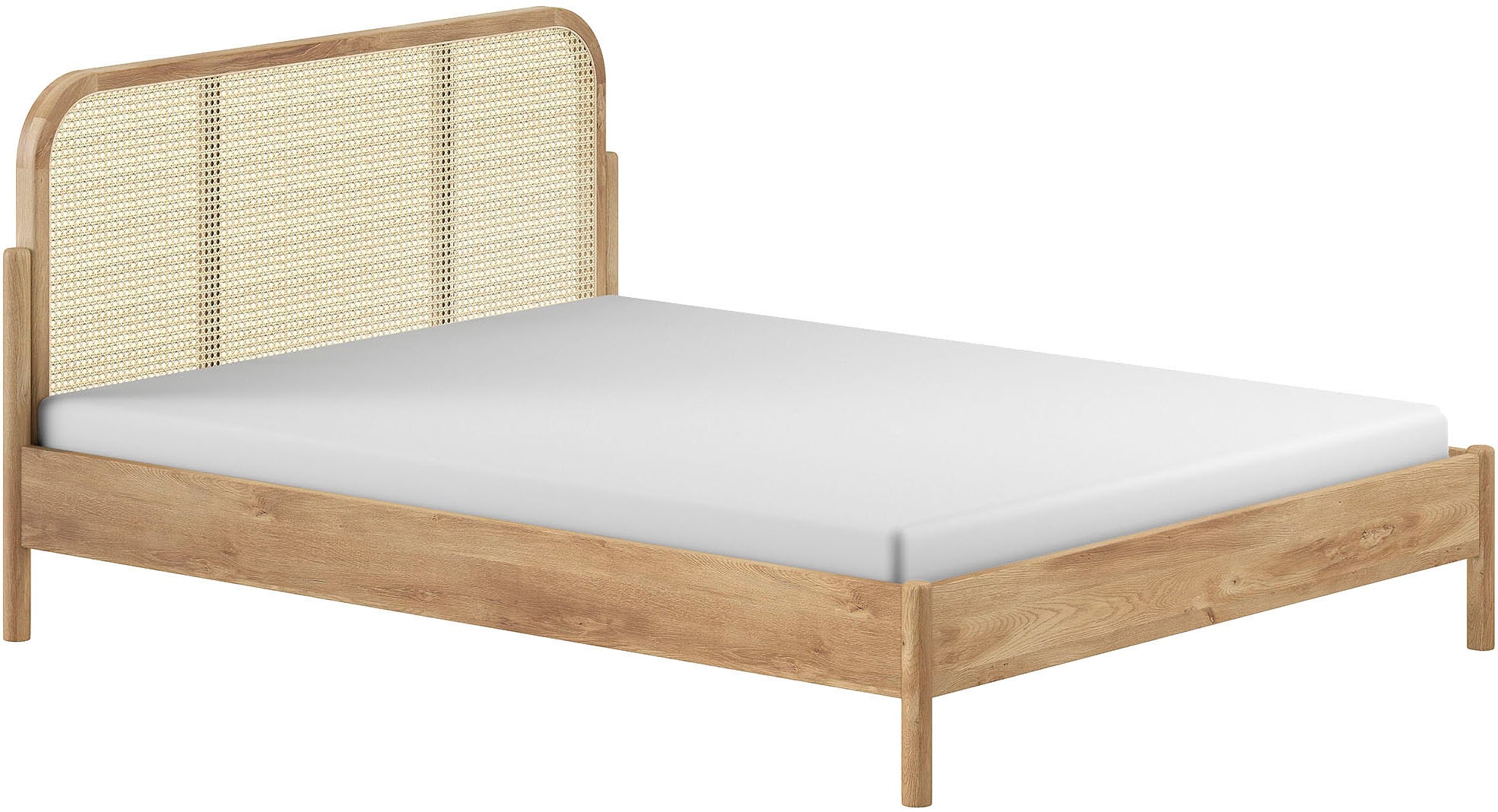 Vipack Bettgestell "Olive, Bettpfosten Eiche massiv und furnierten Bettseiten" mit hochwertigem Rattan-Geflecht Kopfteil, Rahmen Eiche massiv, ohne Lattenrost, mit höhenverstellbarem Rahmenbeschlag, zwei Breiten