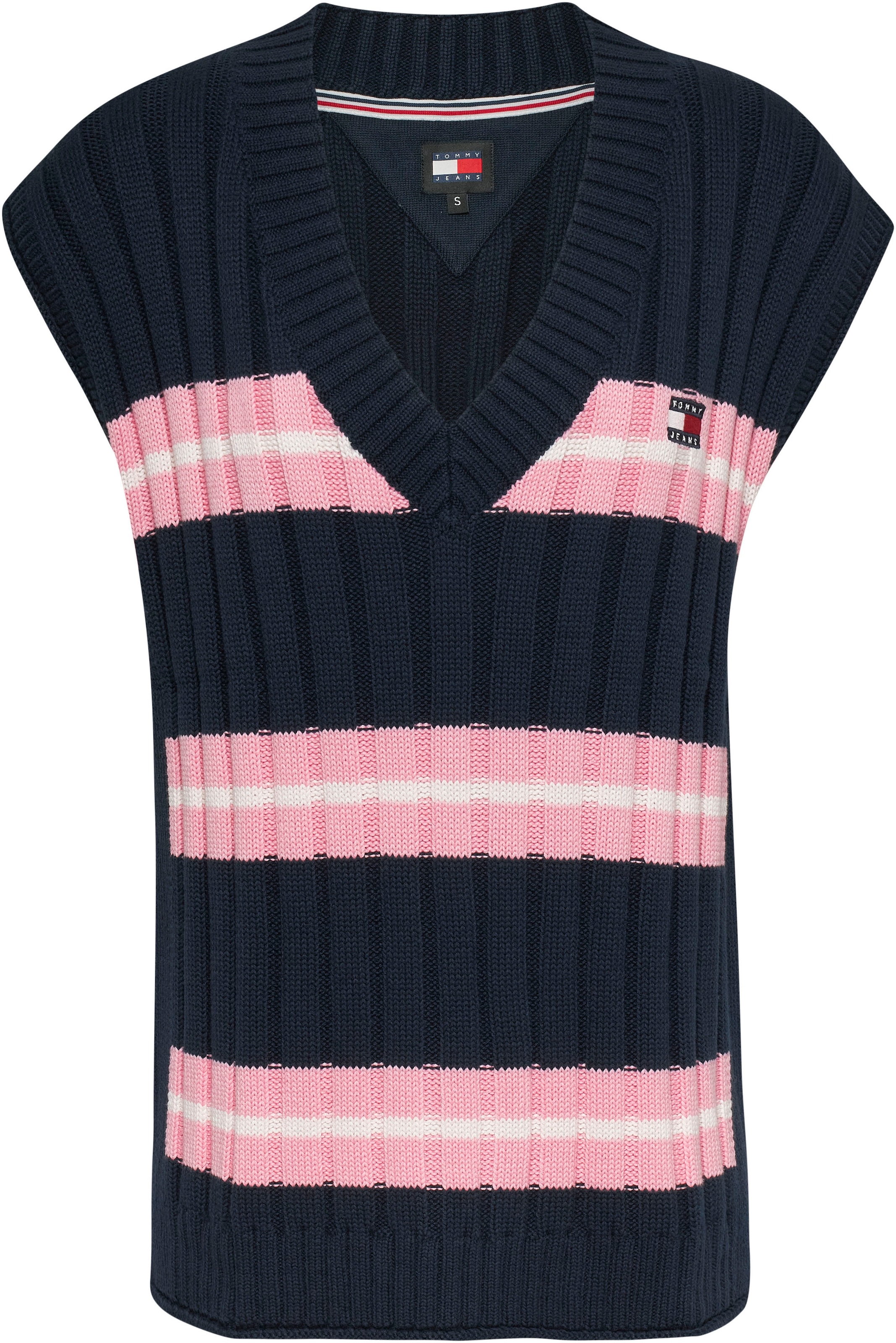 Tommy Jeans V-Ausschnitt-Pullover »TJW STRIPE V-NECK VEST«, mit Logopatch