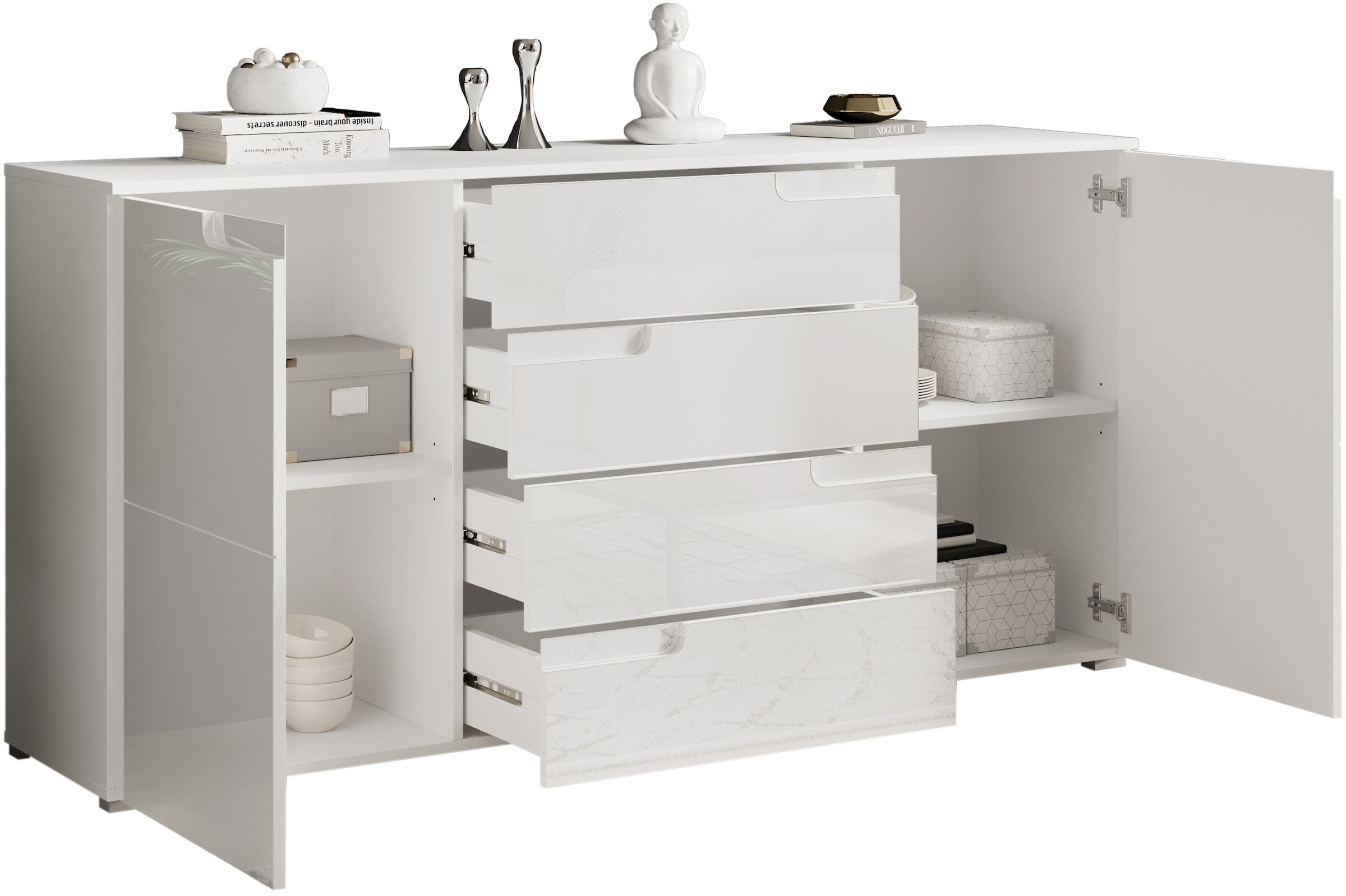 HBZ Sideboard »Spice weiß Hochglanz, Wohnzimmerschrank BxHxT 165x80x40 cm«, (1 St.), Mit 2 Türen, 4 Schubkästen, 2 Einlegeböden verstellbar