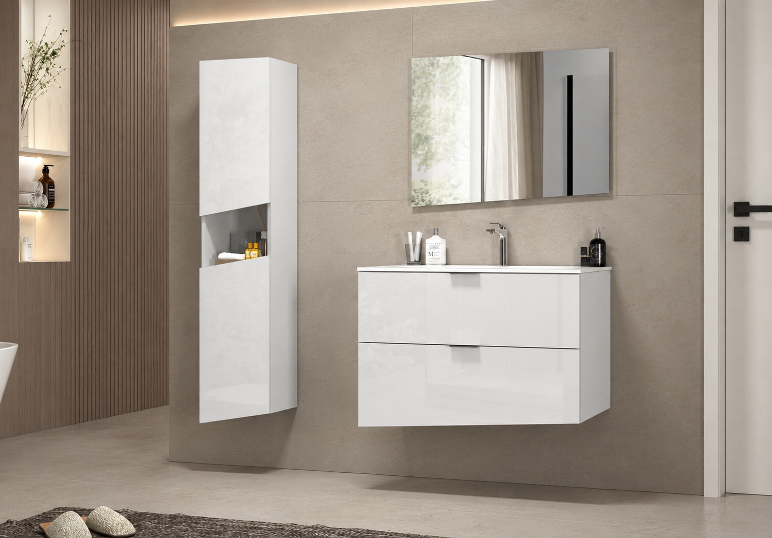 welltime Hochschrank »Vela, Hochschrank, Badschrank schmal, Badezimmerschrank, hängend« 1 Stk. tlg. Breite 30 cm, 2 hochglanzlackierte Türen, 5 verstellbare Fächer