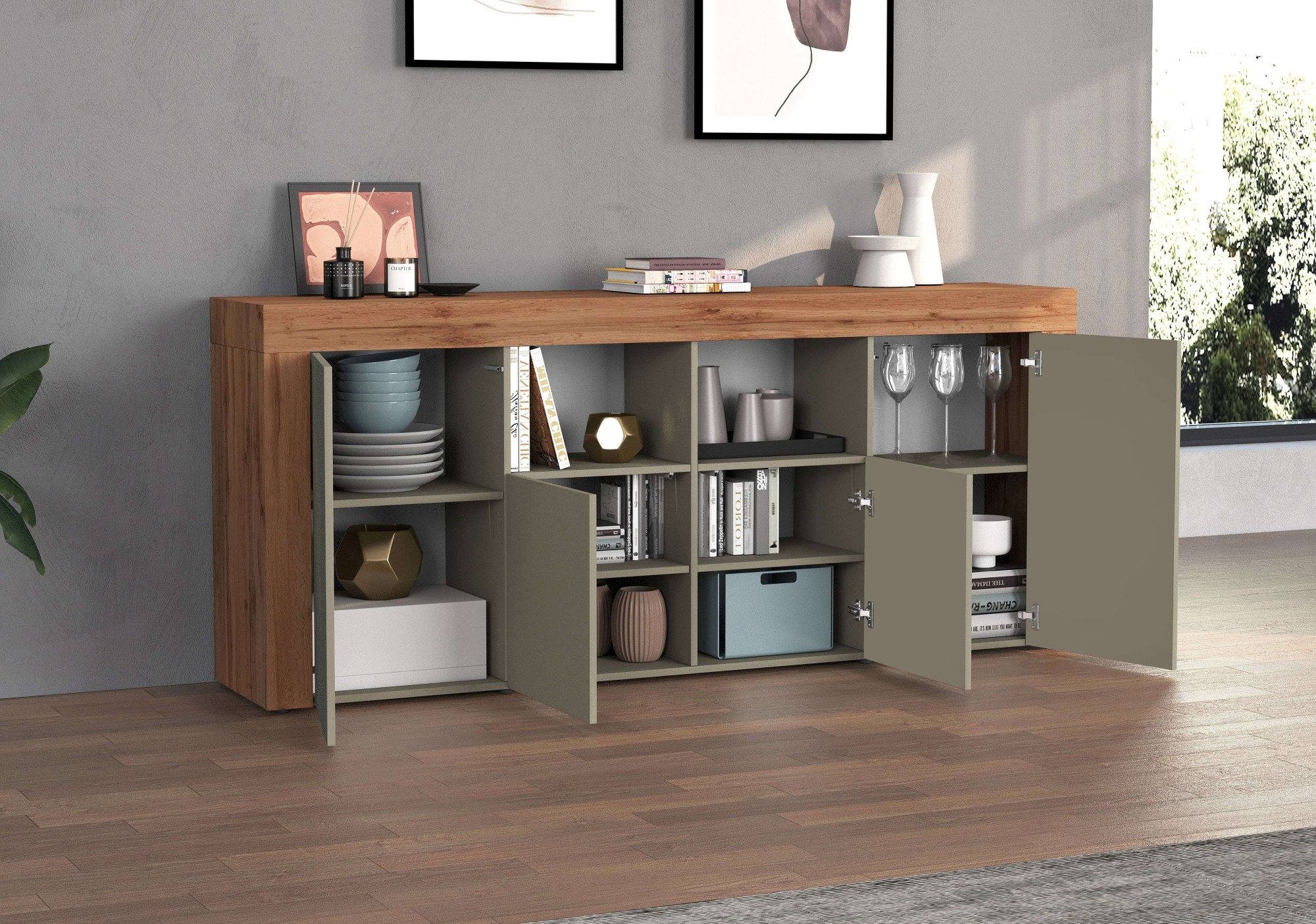INOSIGN Sideboard »CHRONOS Breite 200 cm mit 4 Türen, 2 offene und 8 geschlossene Fächer«, (1 St.), Sideboard,Kommode, Schrank, Grifflos mit Push to Open, Made in Italy