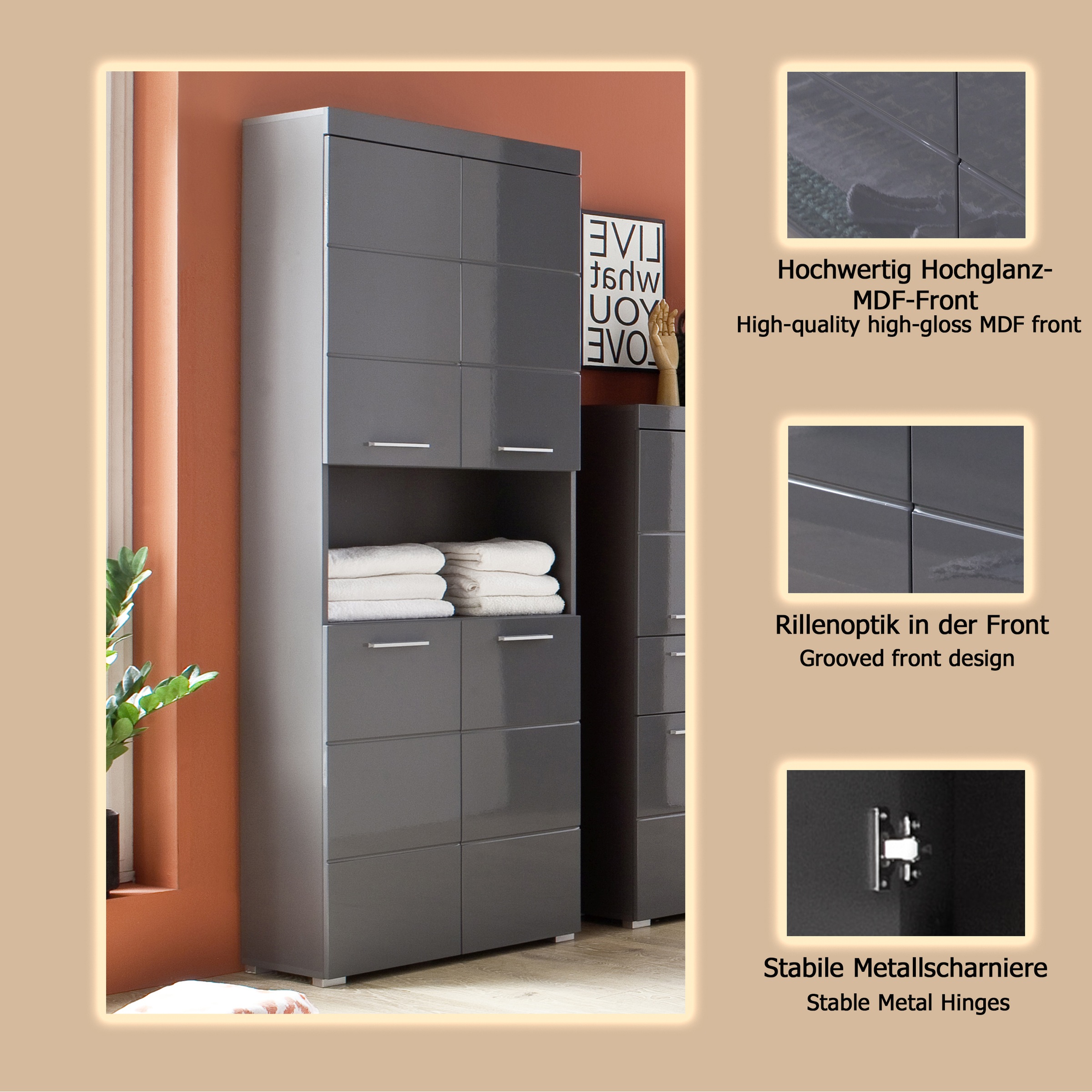 Thumbnail - welltime Hochschrank "Avena" Badschrank 4-türig mit o. Fach und 4 Einlegeböden - B/T/H 73/31/190 cm