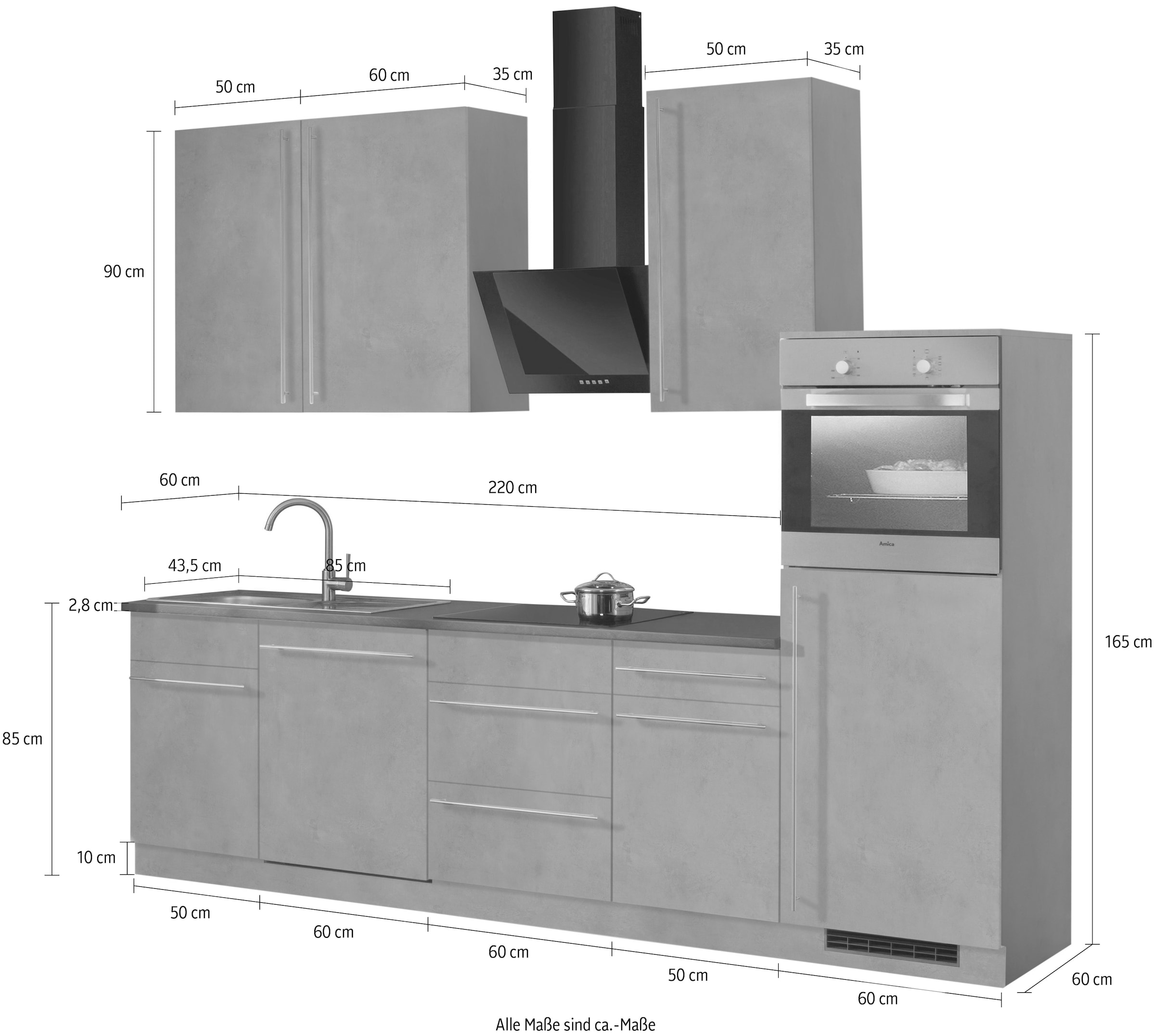 wiho Küchen Küchenzeile »Chicago«, ohne E-Geräte, Breite 280 cm