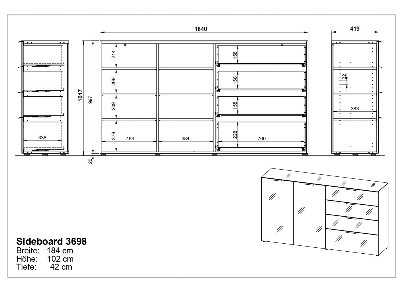 GERMANIA Sideboard »Oakland«, in 2 Breiten, Fronten und Oberboden mit Glasauflage