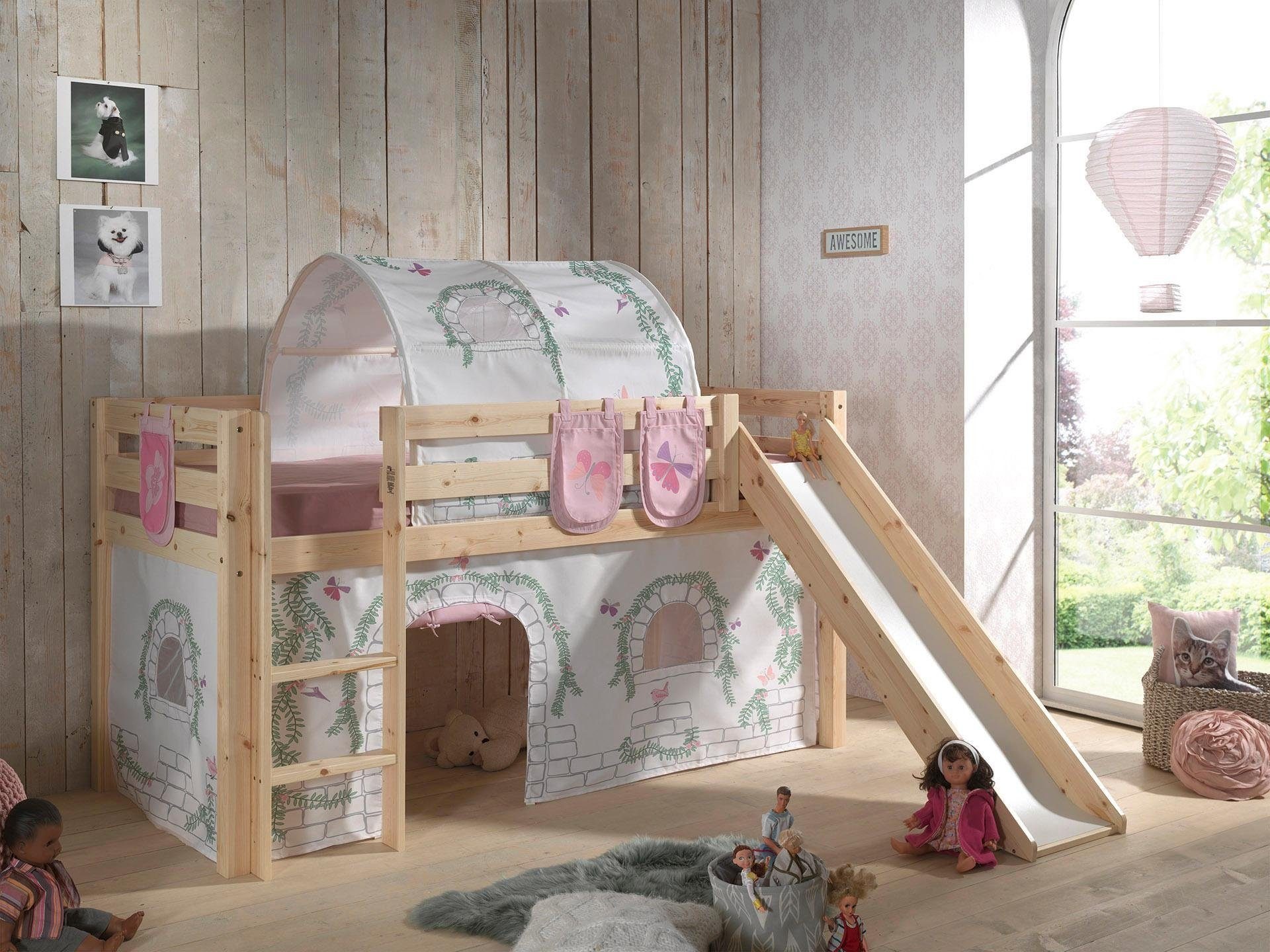 Vipack Hochbett »Pino«, (Made in Europe), Massivholz, Textil-Set "Birdy", wahlweise mit Rutsche und Bett-Tunnel