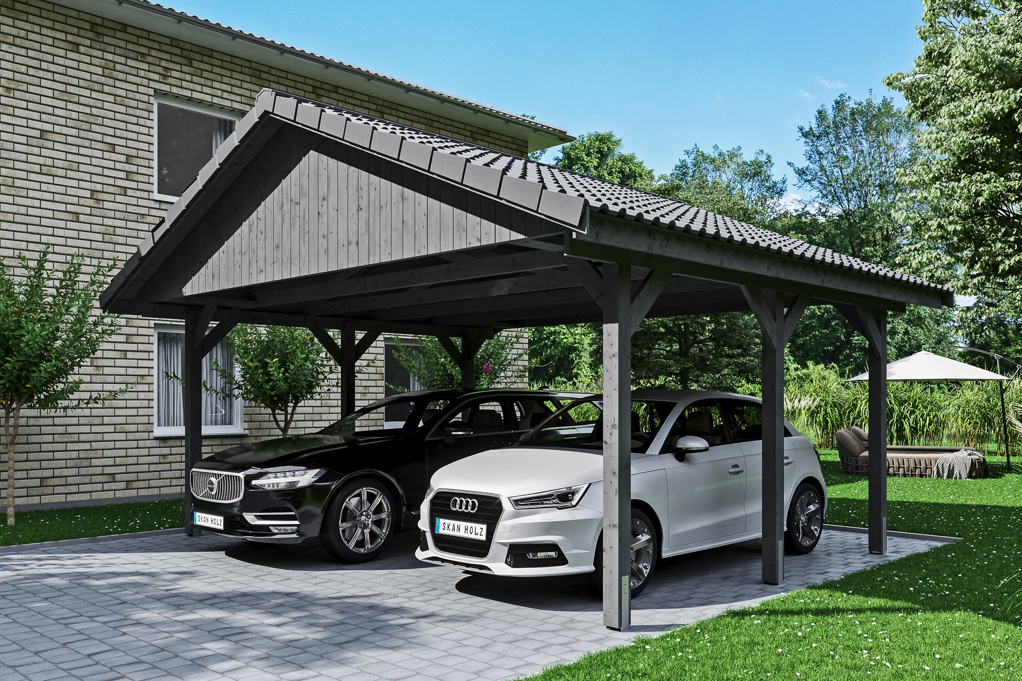 Skanholz Doppelcarport »Wallgau«, Nadelholz, 530 cm, Schiefergrau, mit Dachlattung
