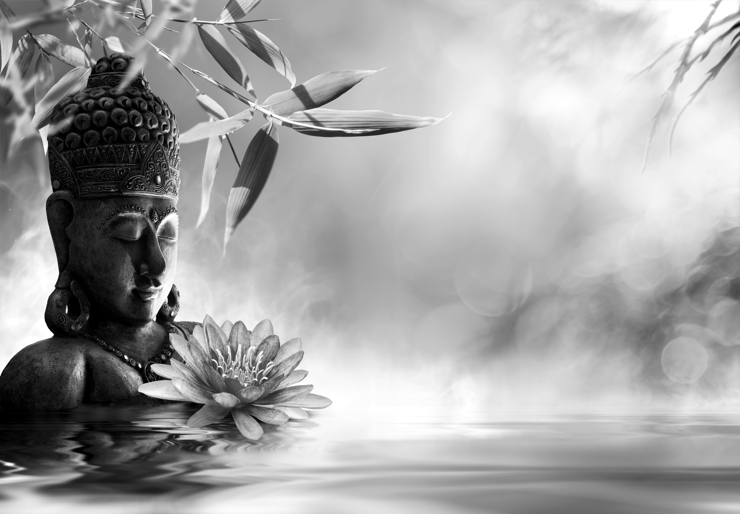 Papermoon Fototapete »Buddah Figur mit Blume Schwarz & Weiß«