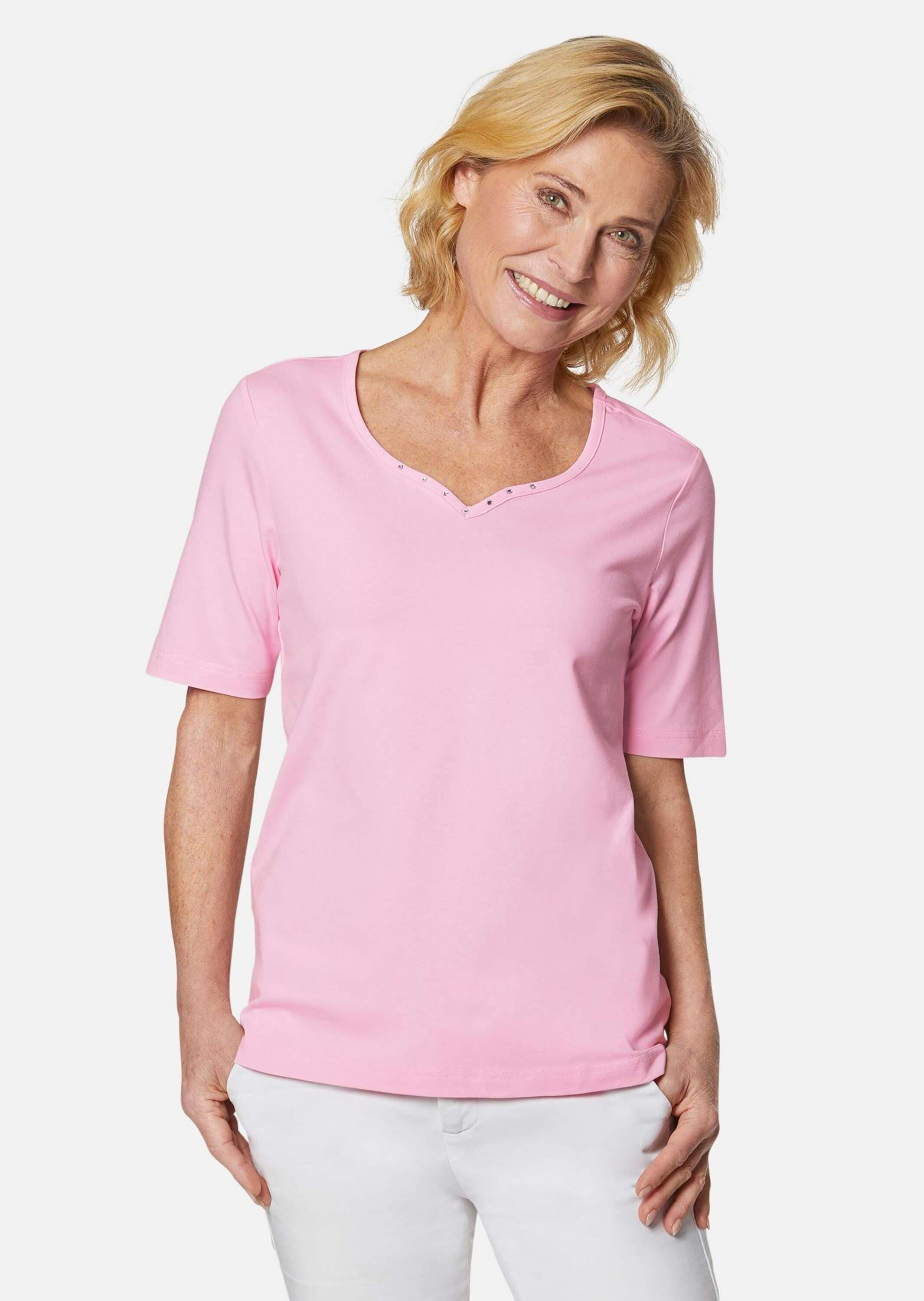 GOLDNER Langarm-Poloshirt »T-Shirt T-Shirt mit charmantem Ausschnitt und Schmucksteinchen«
