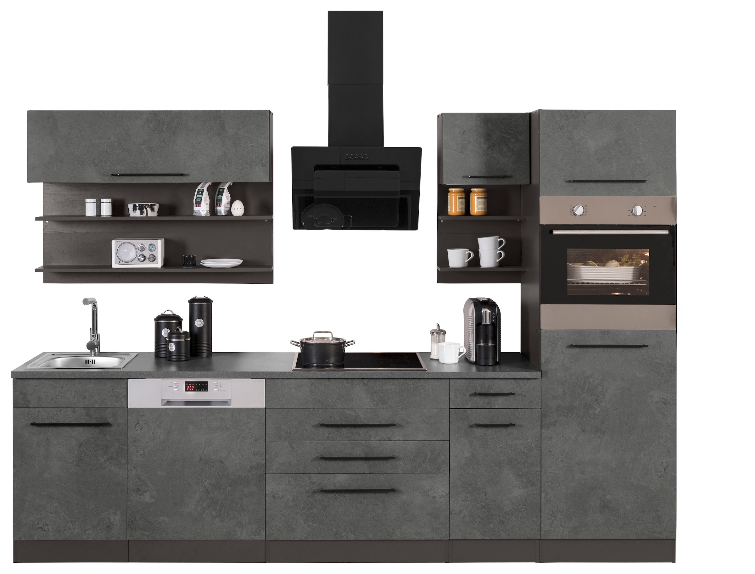 KOCHSTATION Küchenzeile "KS-Tulsa", mit E-Geräten, Breite 290 cm, schwarze Metallgriffe, MDF Fronten