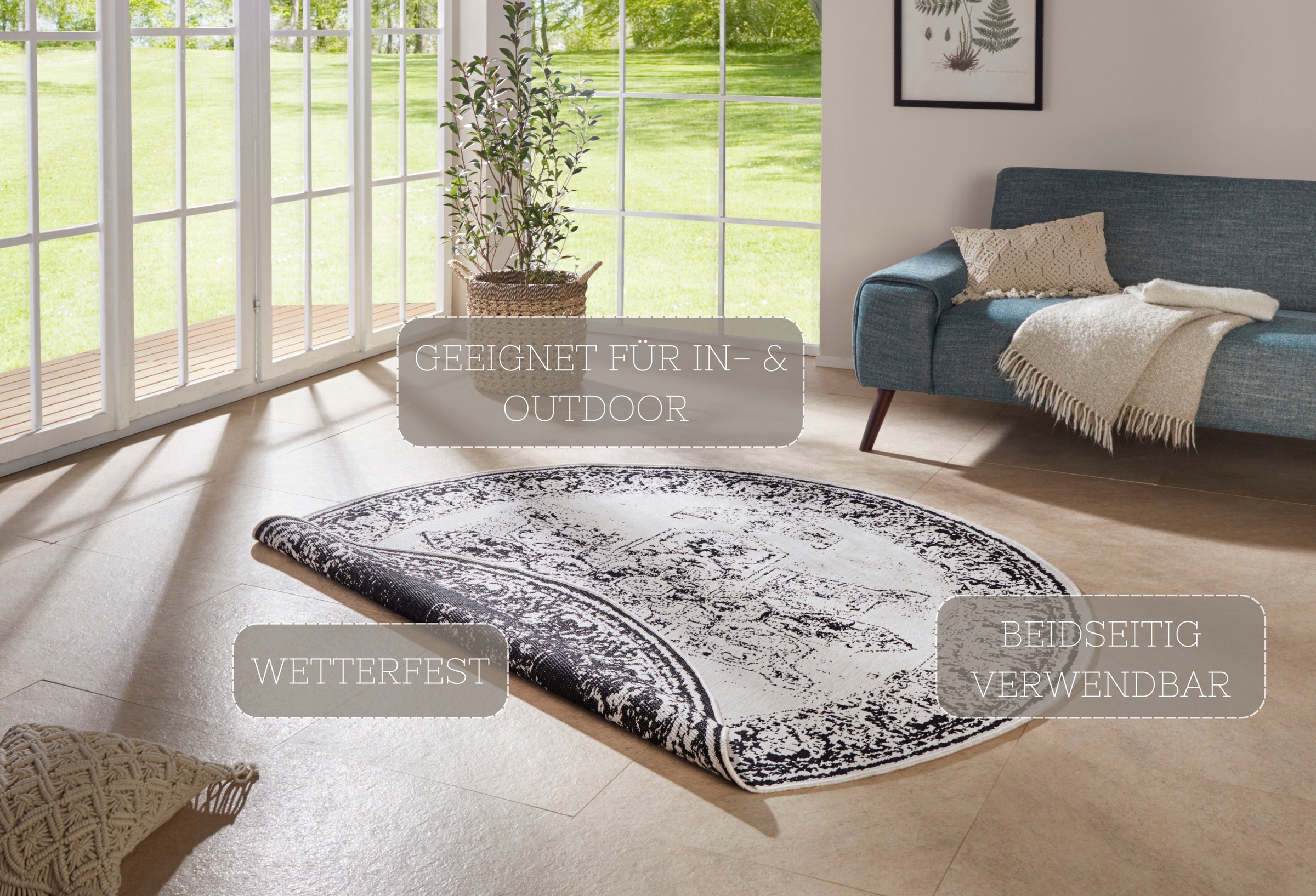 Thumbnail - HANSE Home Teppich "Borbon Wendeteppich", rund, 5 mm Höhe, In-& Outdoor, Wetterfest, Balkon, Garten, Wohnzimmer, Wasserf...
