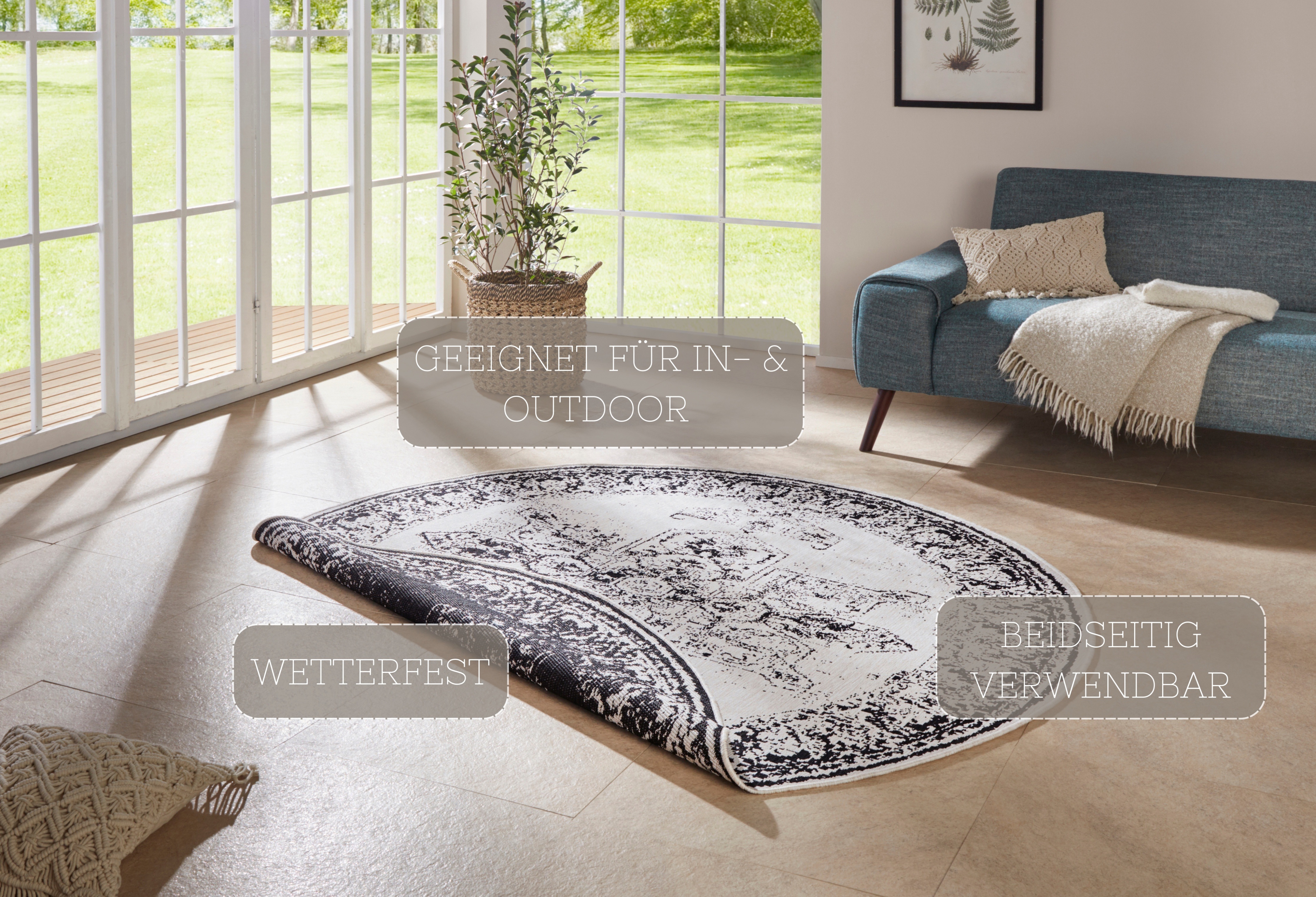 Thumbnail - NORTHRUGS Teppich "Borbon Wendeteppich", rund, 5 mm Höhe, In-& Outdoor, Wetterfest, Balkon, Garten, Wohnzimmer, Wasserfe...